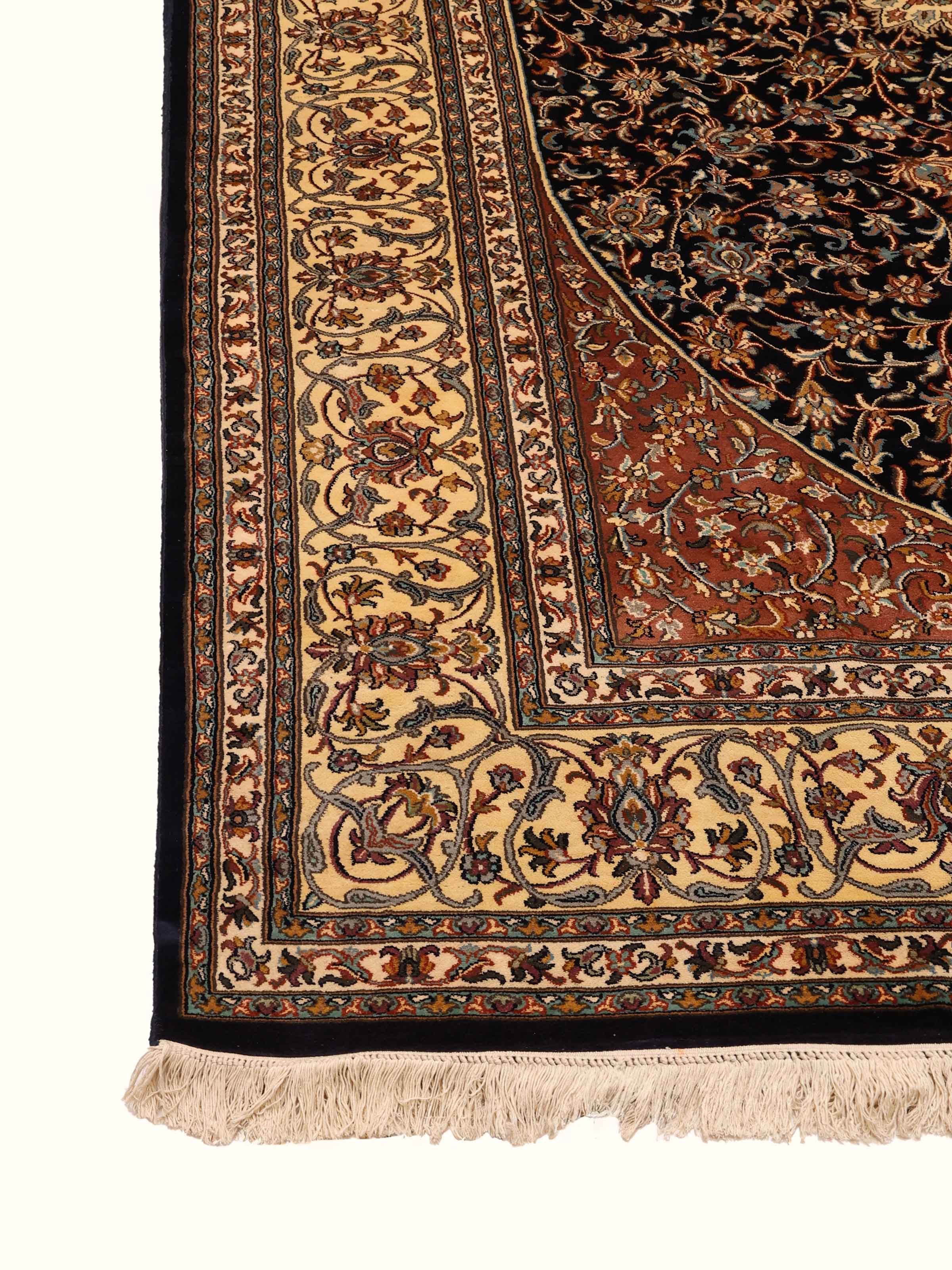 Traditional Persian Navy Blush Kashan Kashmir Silk Hand-Knotted Carpet