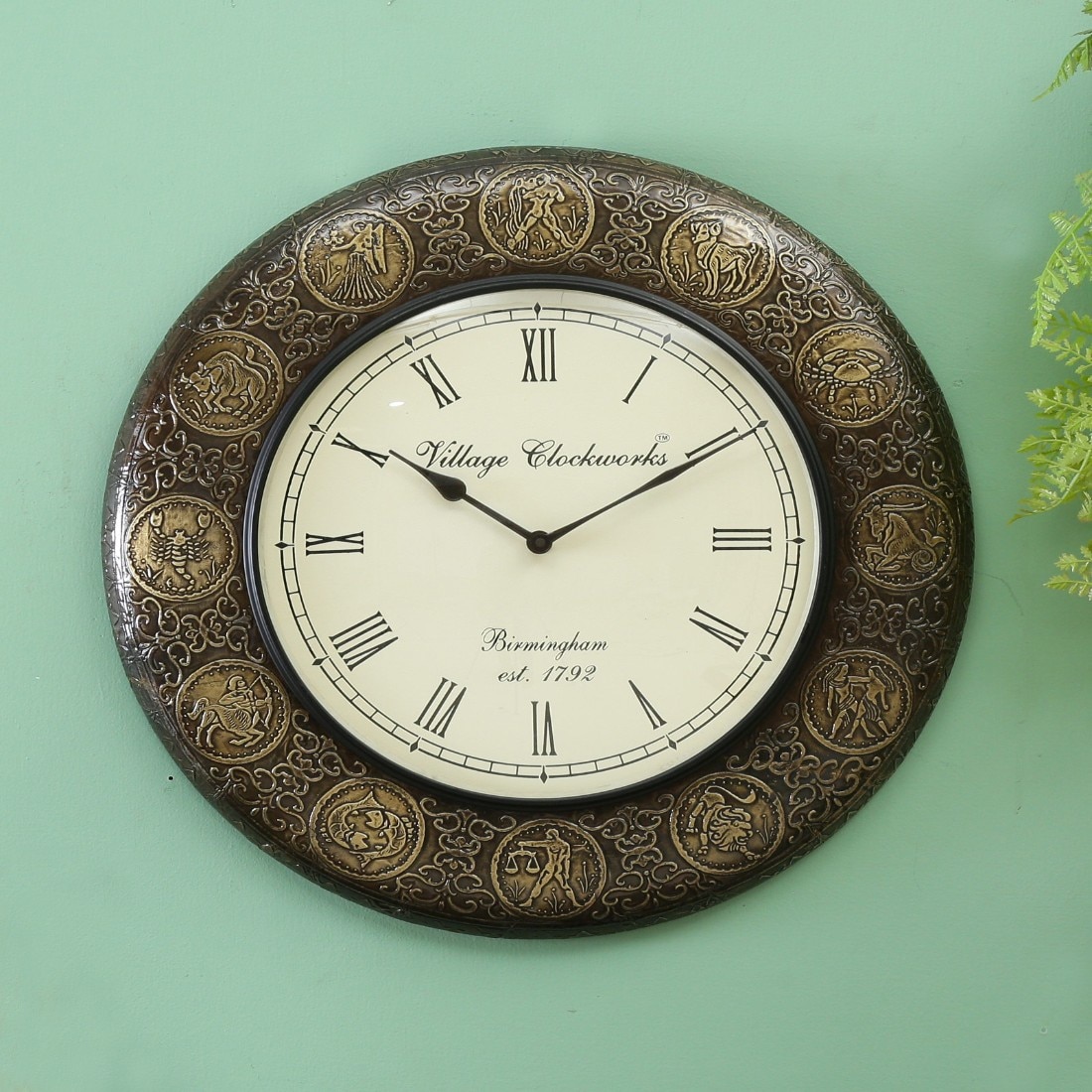 Wooden Decorative Brassfitted Round Rashi Wall Clock By Craft Tree