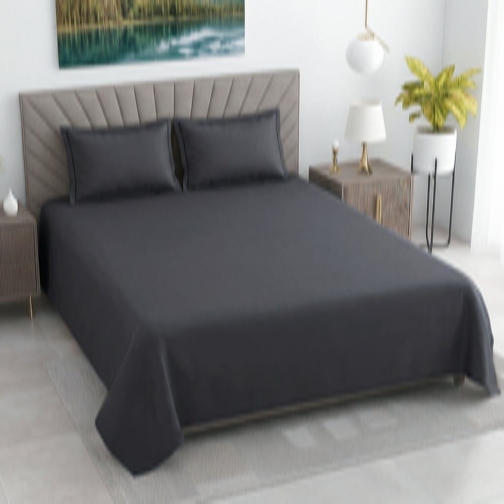 Kian Slate Grey Solid Plain 400 TC Cotton Satin Flat Super King Size Bedsheet with 2 Pillow Covers – Threads
