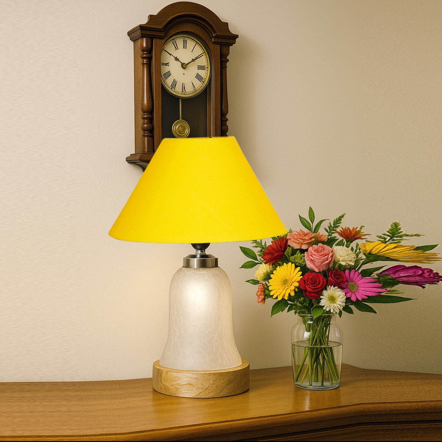 Devansh Conical Yellow Cotton Shade Lamp With Wood & Mosaic Glass Base For Decoration/Office/Home/Gifting/Study For Decoration/Office/Home/Gifting/Study -(10X10X14.5) Inches -A