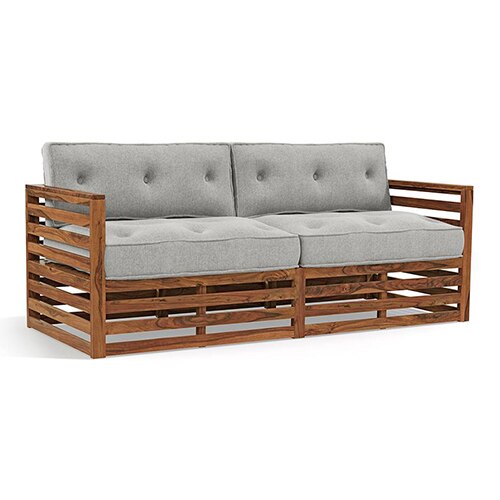 Raymond Wooden Sofa - Teak Finish (Vapour Grey) (Finish : teak; Custom Set - Sofas : 0003; Standard Set - Sofas : none; Sofa Material : fabric; Sofa Size : regular; Sofa Type : regular; Colour : vapour grey)