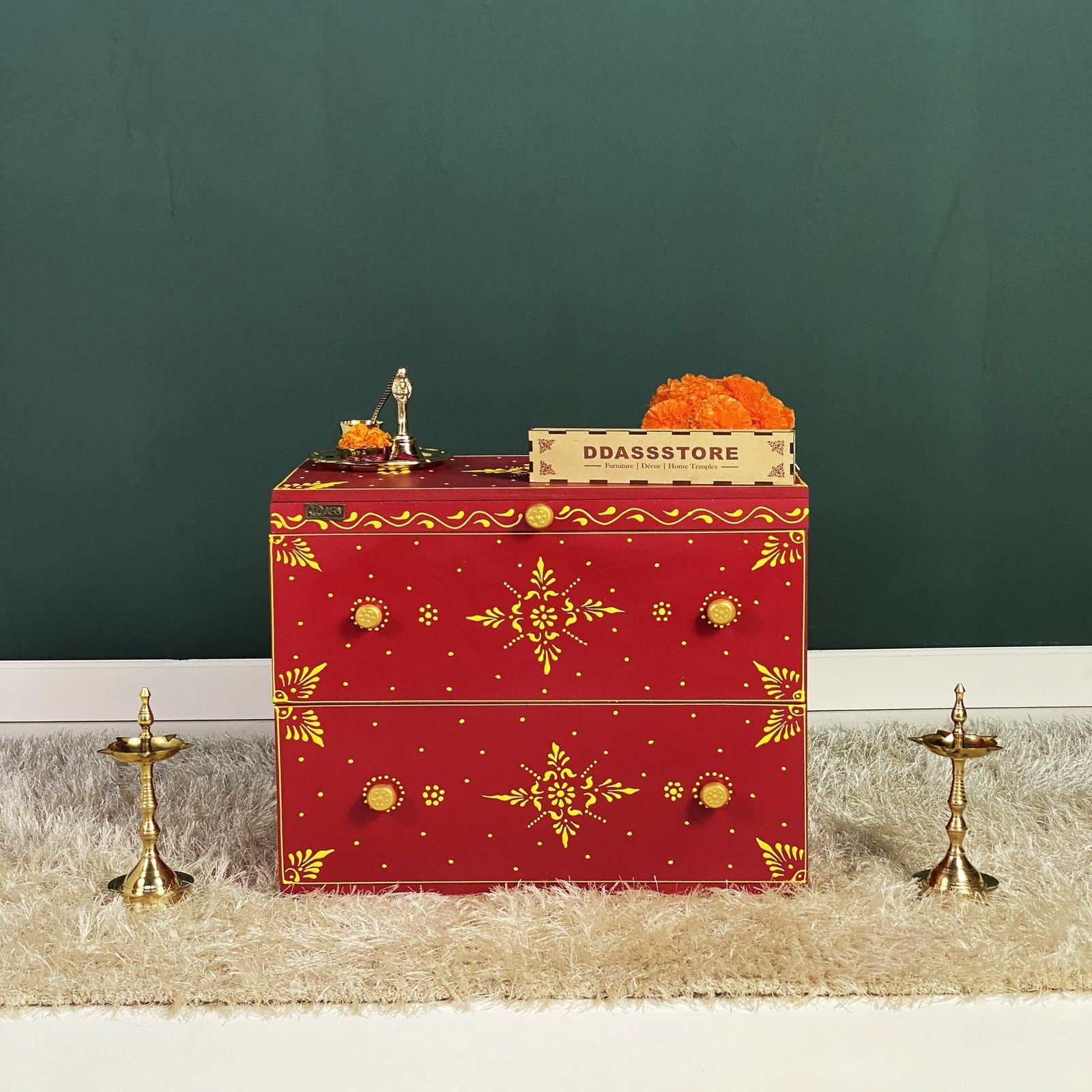 D'Dass Multi Color Mdf and Sheesham Wooden Temple With Cabinet For Pooja - D'DASS