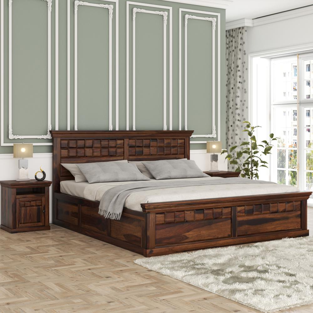 Prashiv Solid Wood Queen  Size Bed With Box Storage (Provincial Teak Finish) - Woodenmood