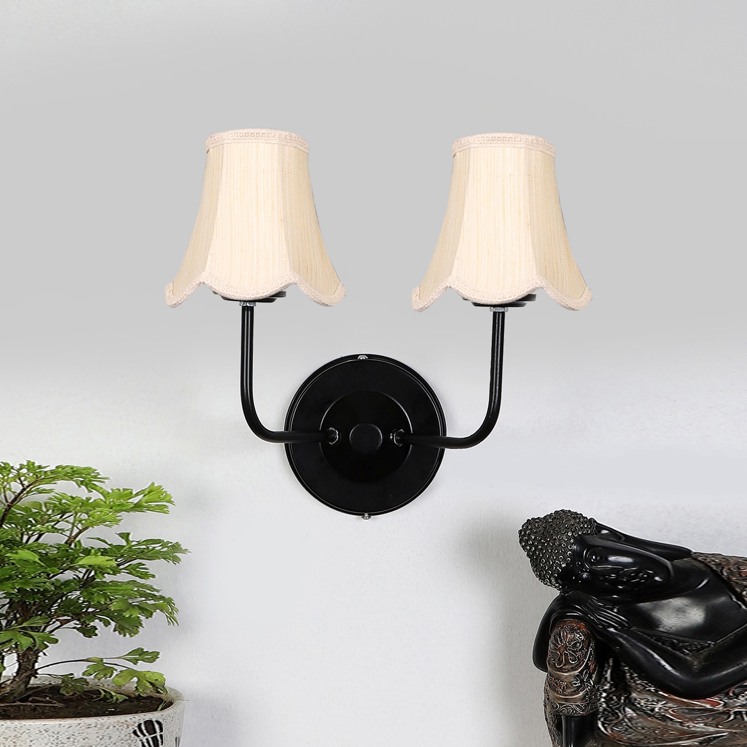 Devansh Dual Black Wallmounted Lamp With Cotton Off-White Shade - Devansh