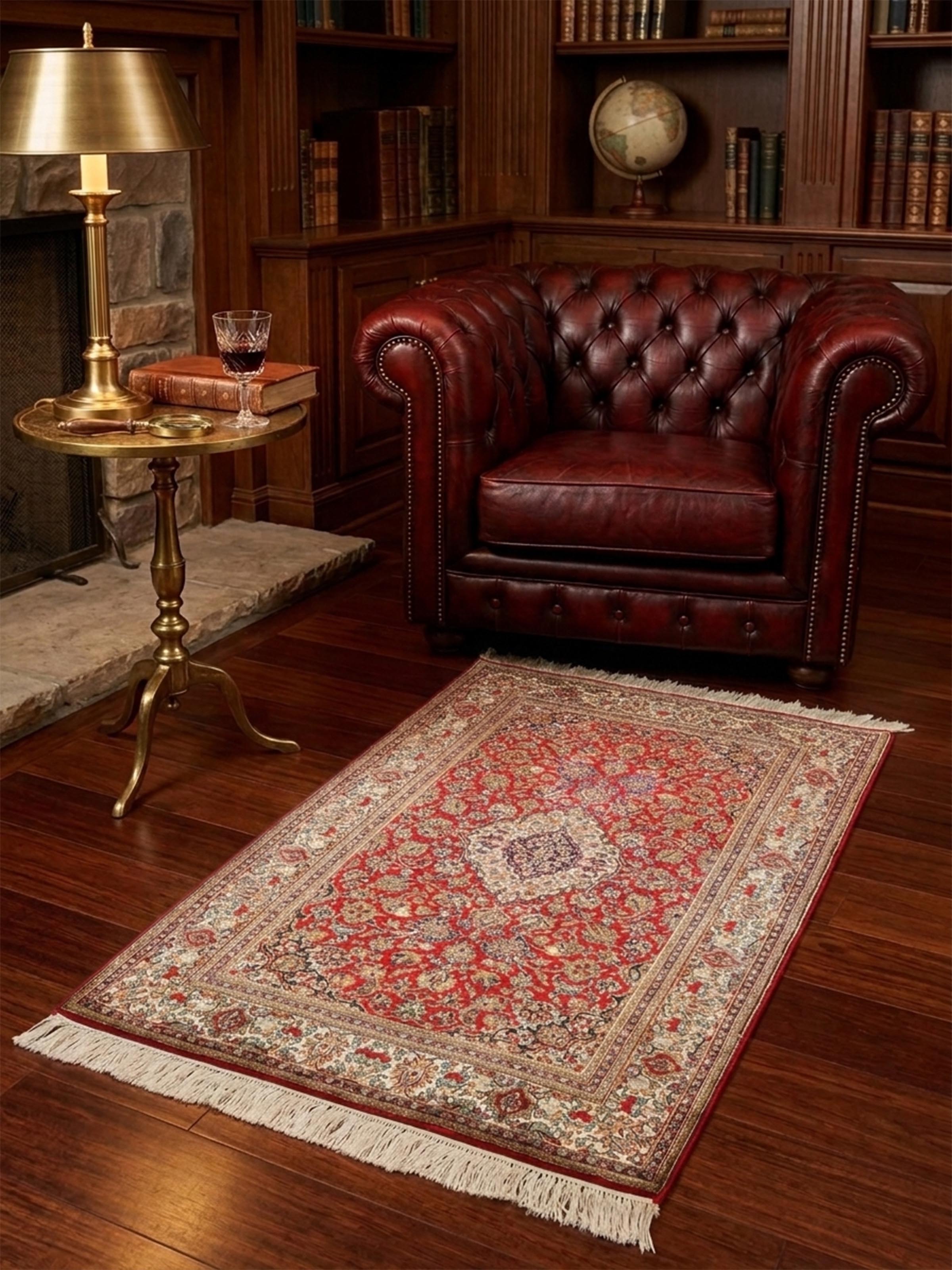 Traditional Persian Red Ivory Kashan Kashmir Silk Hand-Knotted Carpet
