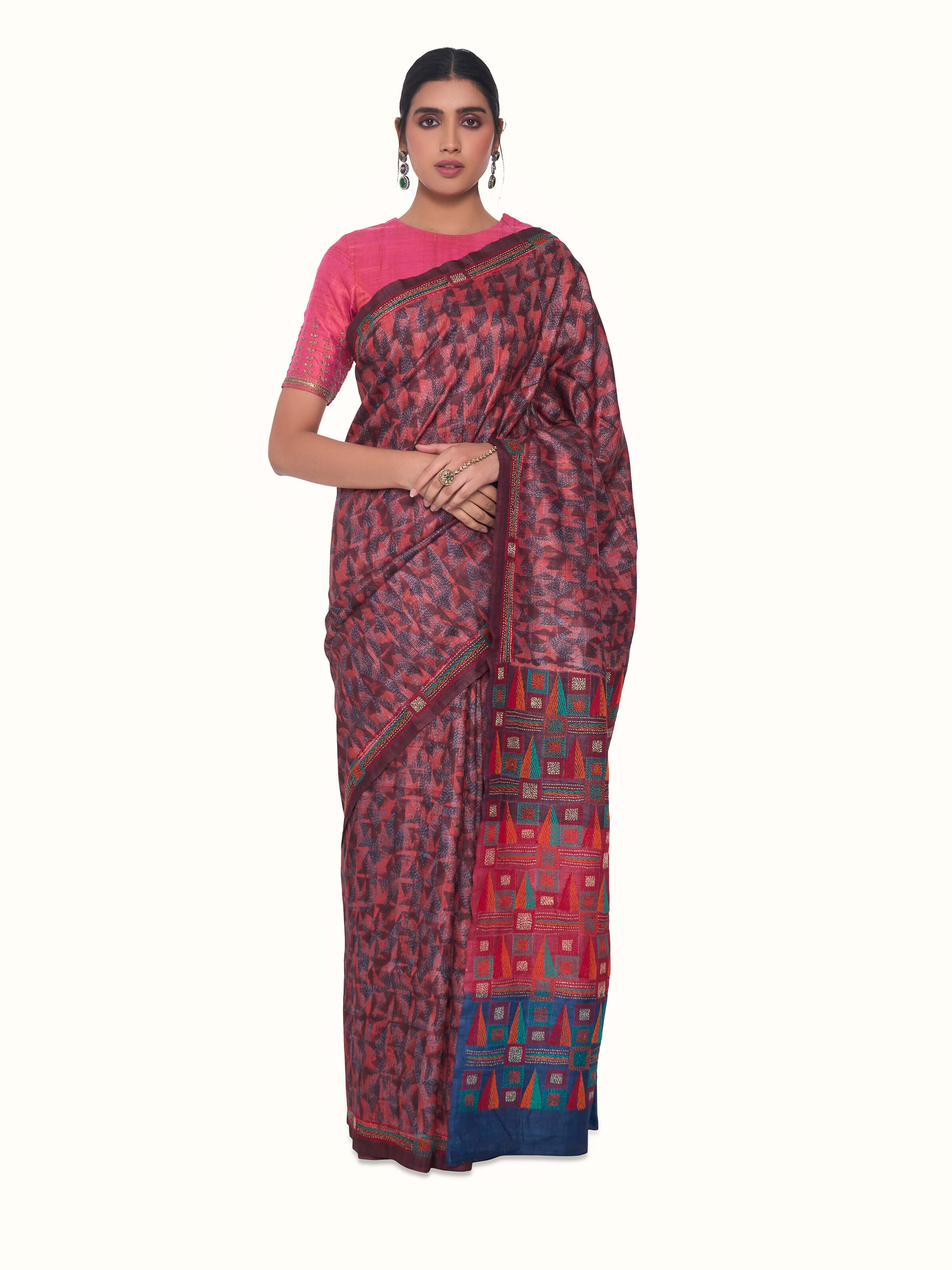 Front view of red tussar silk discharge printed Kantha embroidered saree