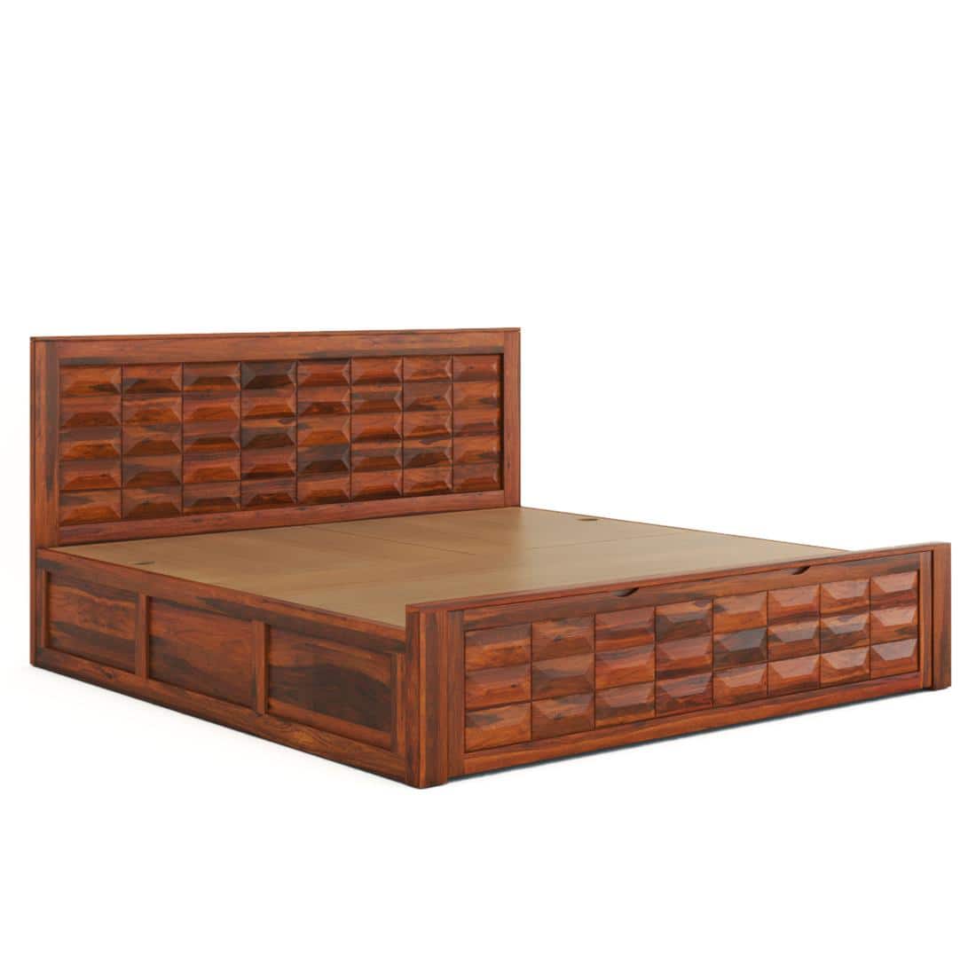 Shashi Solid Wood Queen Size Bed With Box & Front Drawer Storage Bed In Honey Oak Finish