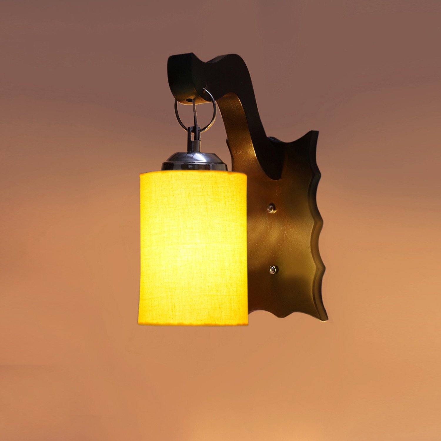 Devansh Solid Wood Electric Wall Light in Brown Colour with Yellow Shade Count of 1 Light - Devansh