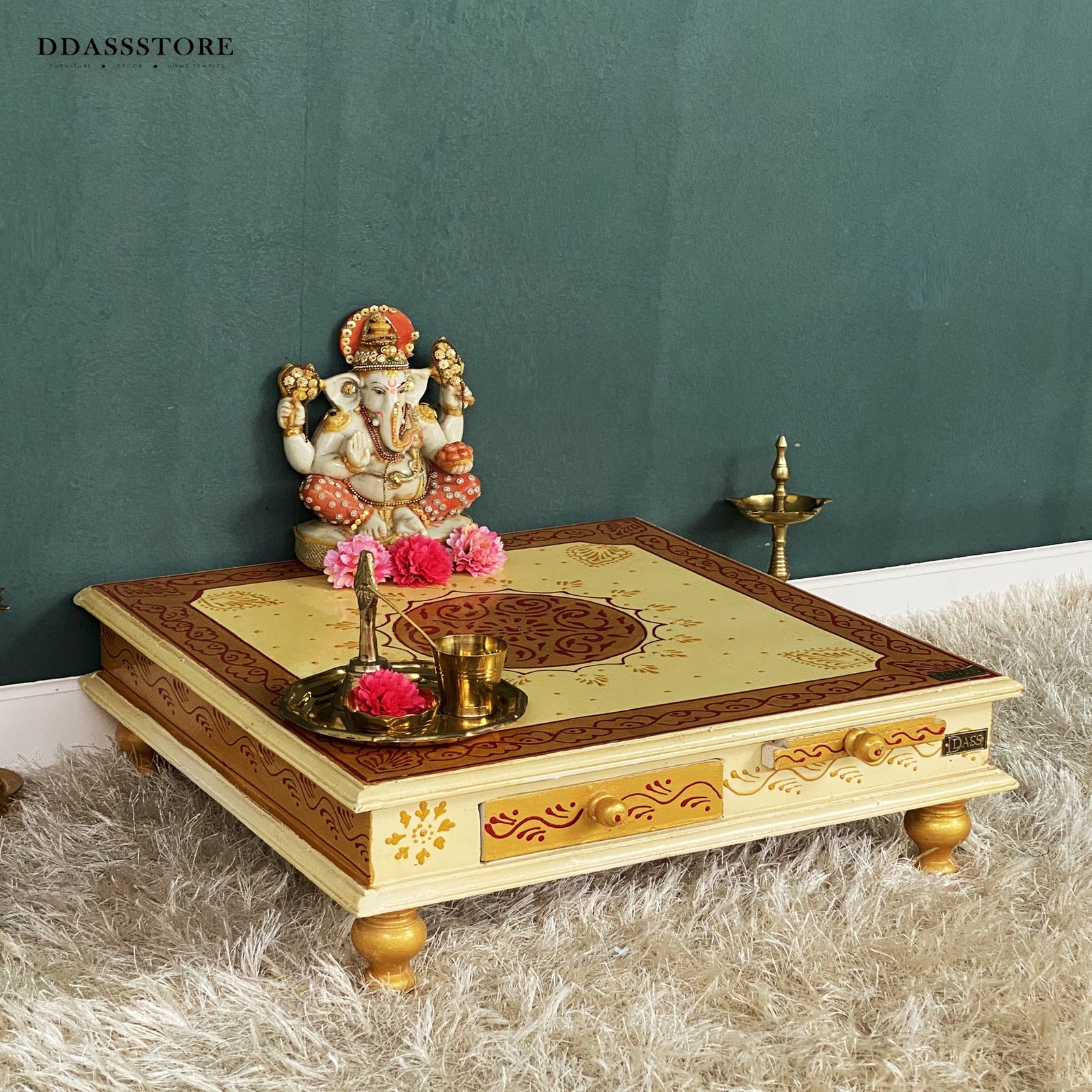D'Dass Multi Color Mdf and Sheesham Wooden Pooja Chowki With Drawer - D'DASS