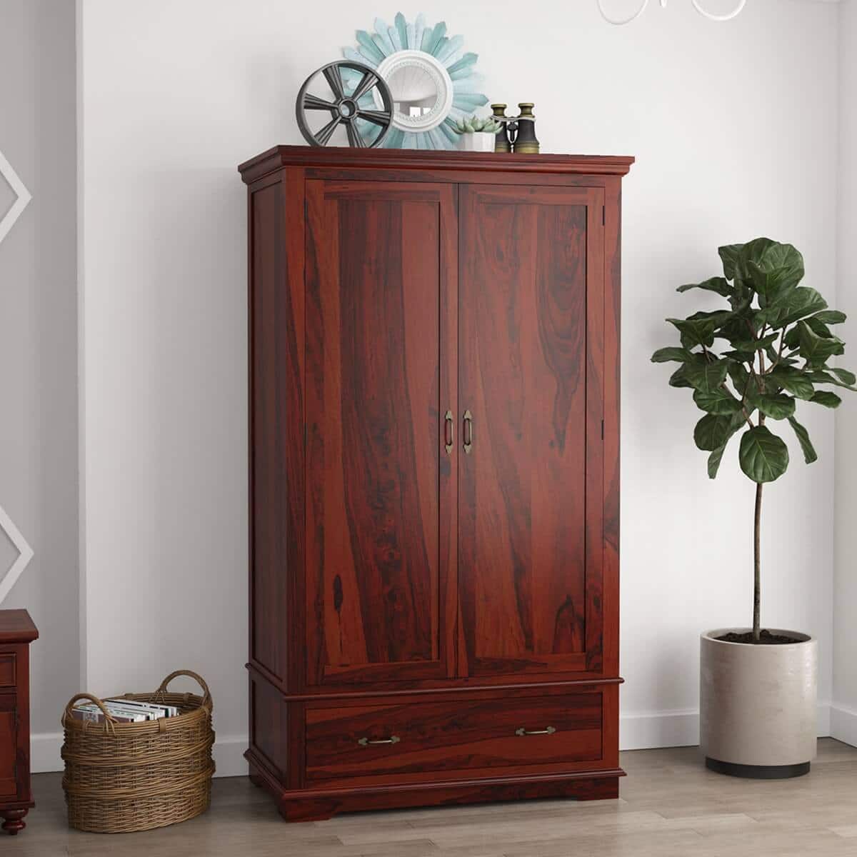 Dyna 2 Door 1 Drawer Sheesham Wood Wardrobe in Mahogany Finish