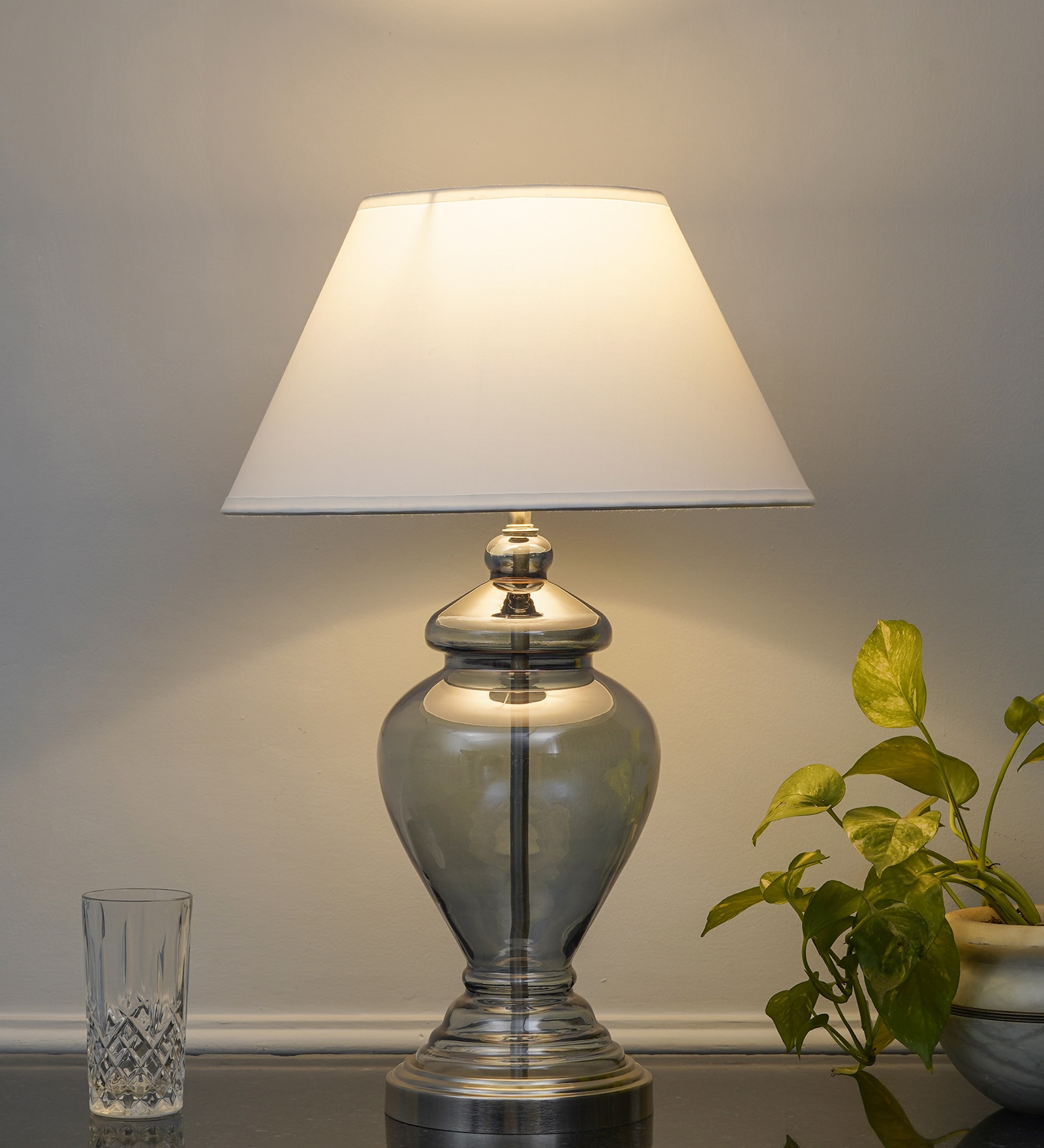 Syracuse Blue Glass Table Lamp With White Cotton Shade