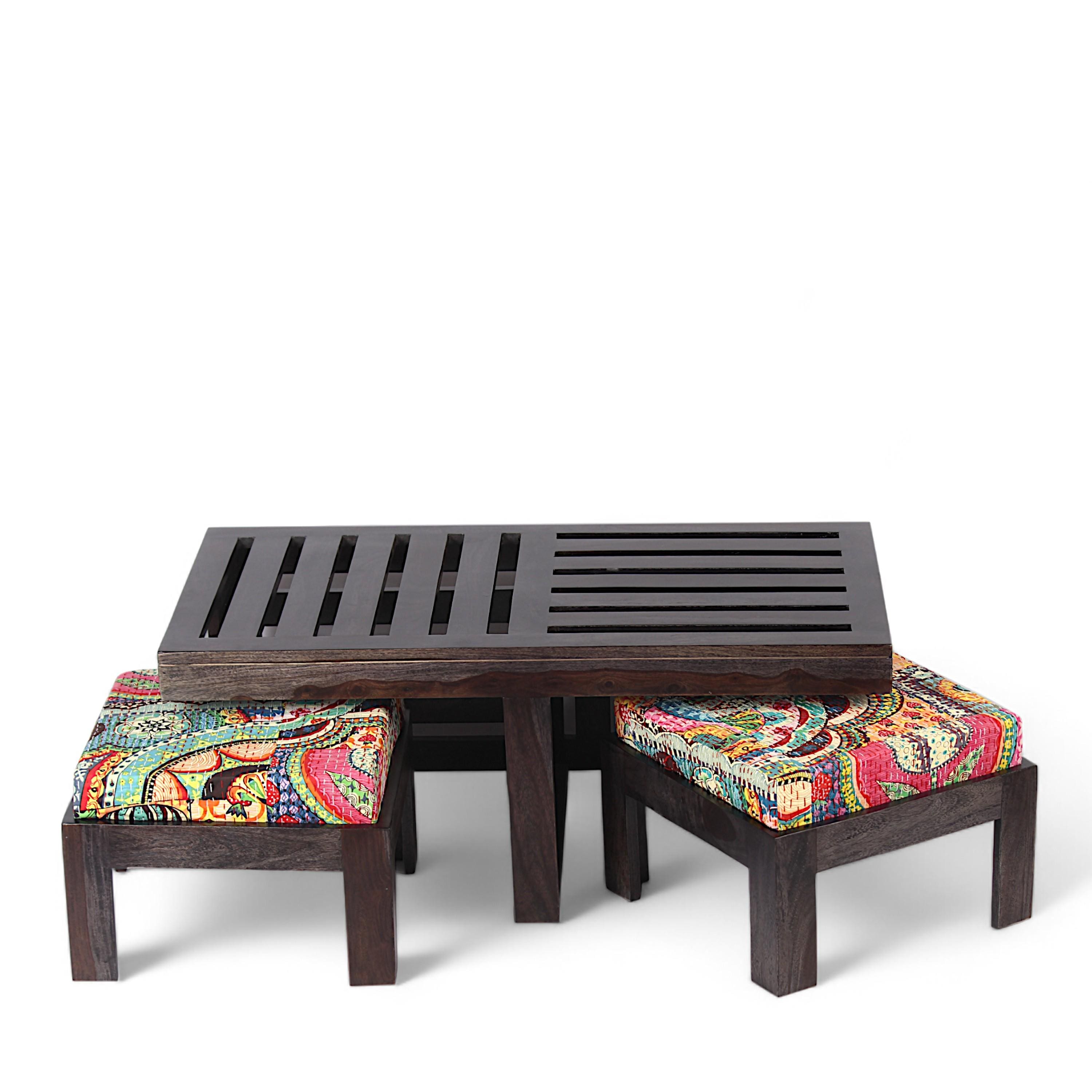 Irish Sheesham Wood Coffee Table With 2 Stools Set In Mahogany Finish & Multi Colour Israel Print Kantha Fabric Cushions