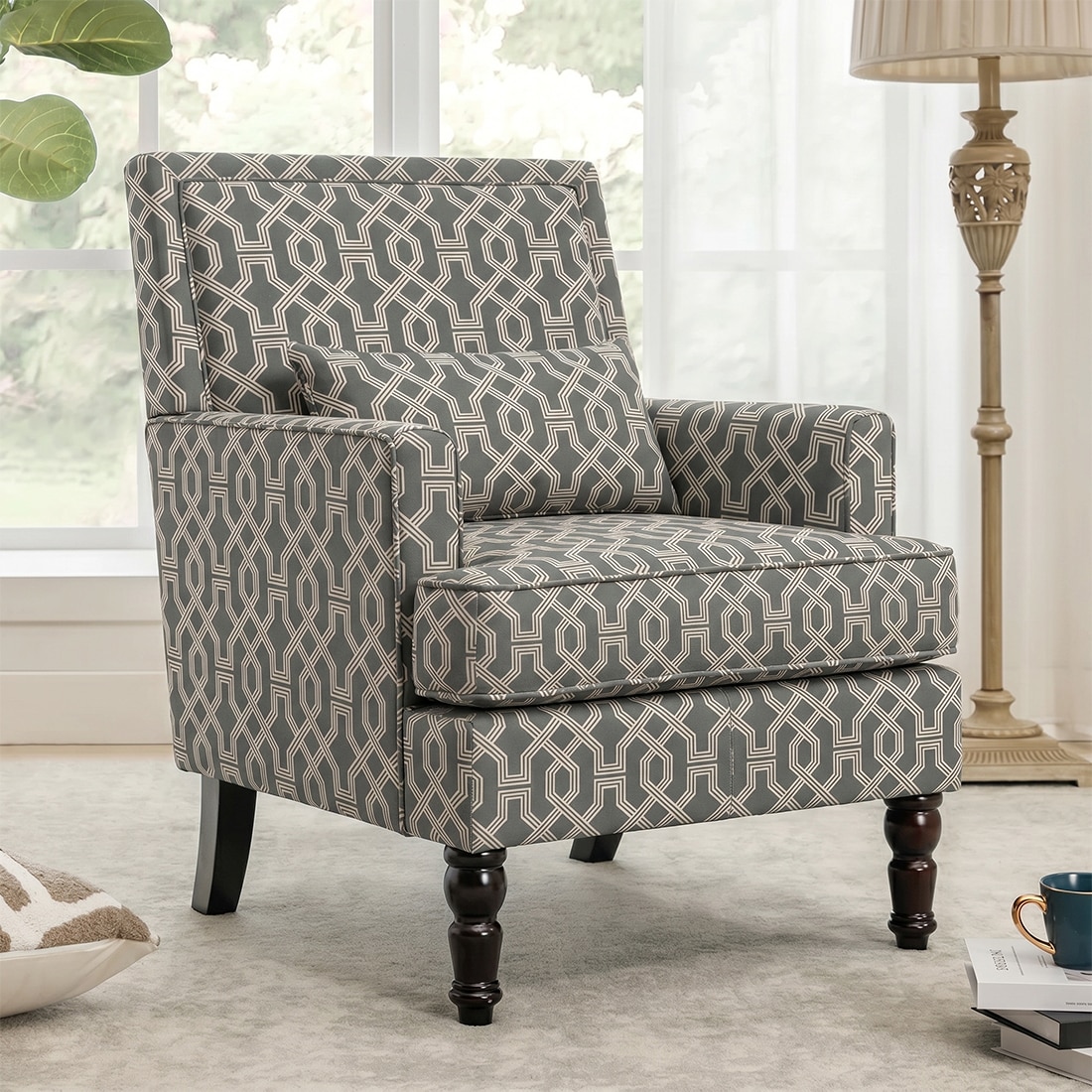 Lark Printed Infinity Grid Fabric Lounge Chair in Green Colour - KURSIWALLAH