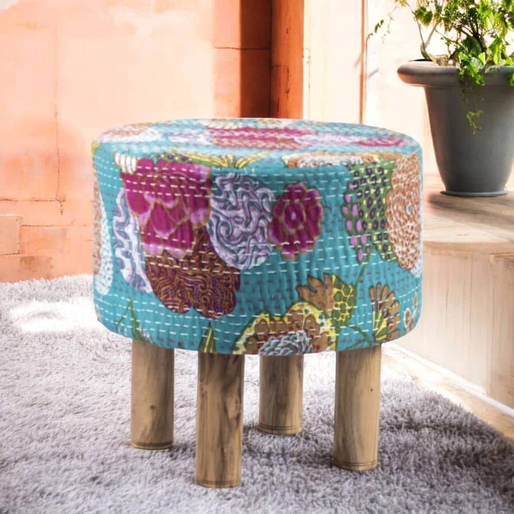 Morgan Solid Wood Pouf Stool in Floral Print Green Kantha Fabric