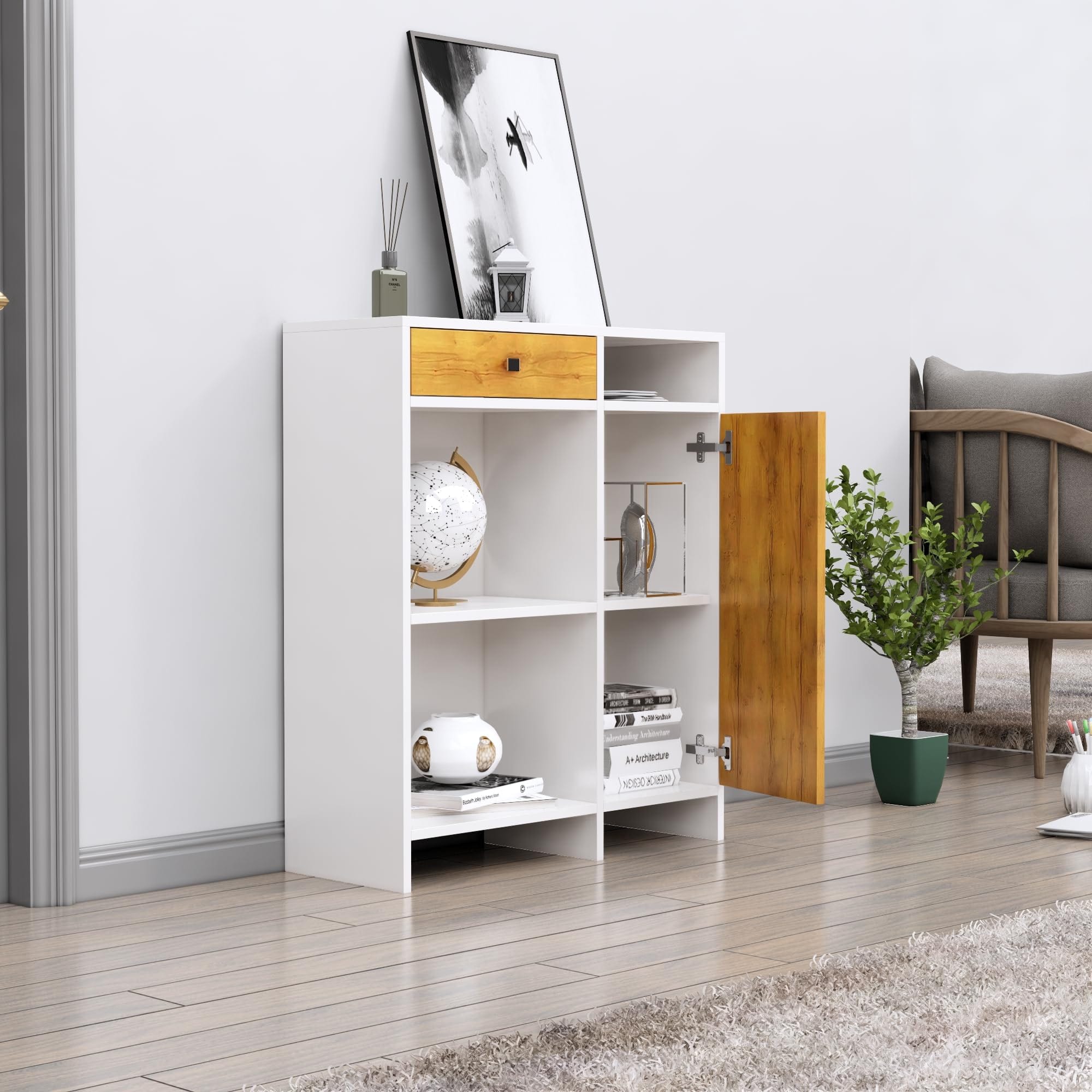Hexa Red Multipurpose Storage Cabinet With 1 Drawer 1 Door in Frosty White And Giant Wood Colour - HexaRed