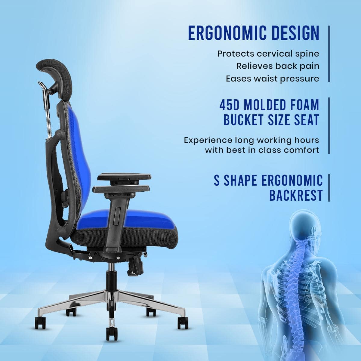 Vertex High Back Mesh Office Chair with Headrest in Black Colour