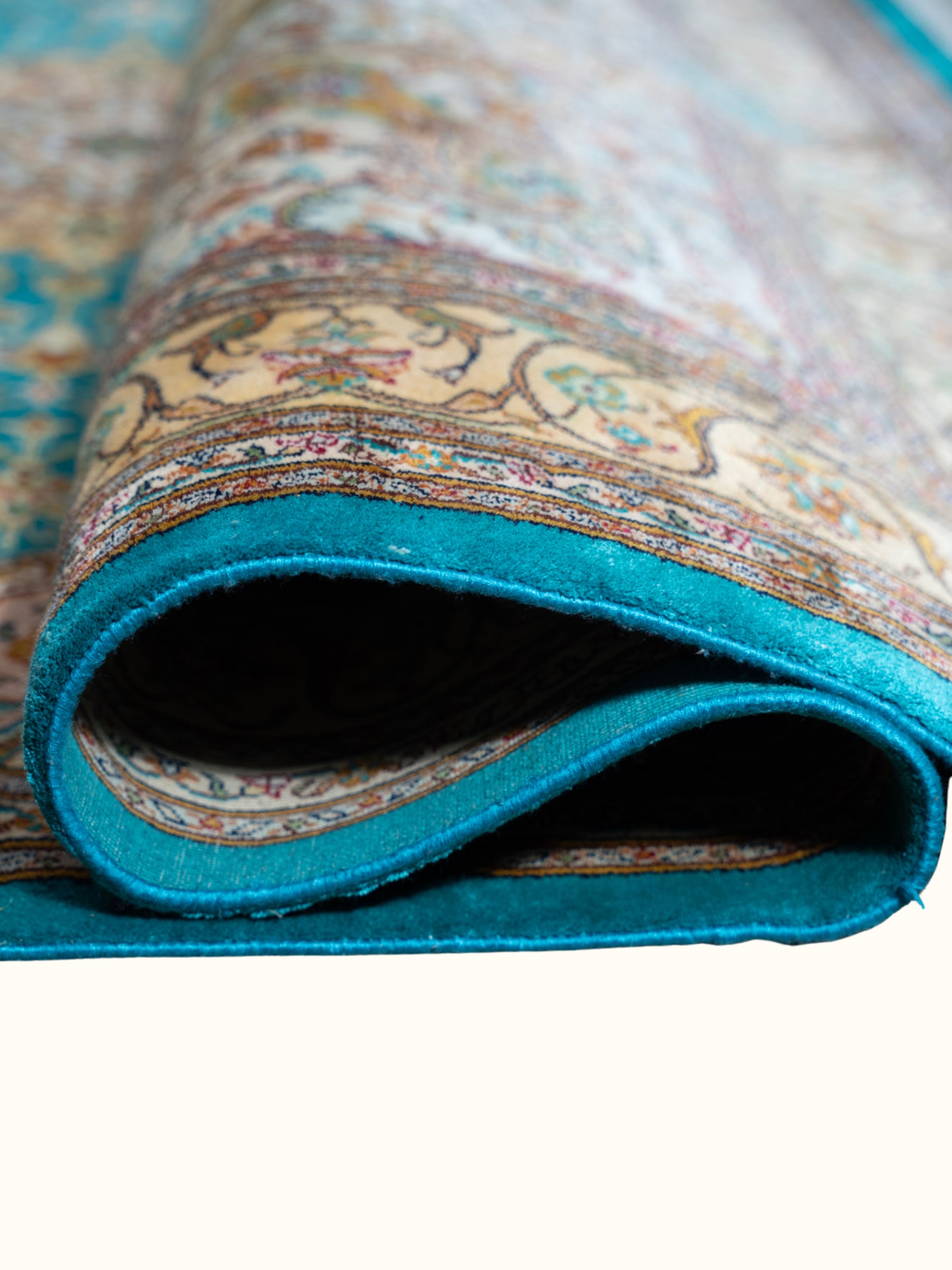 Traditional Persian Blue Tabriz Kashmir Silk Hand-Knotted Carpet