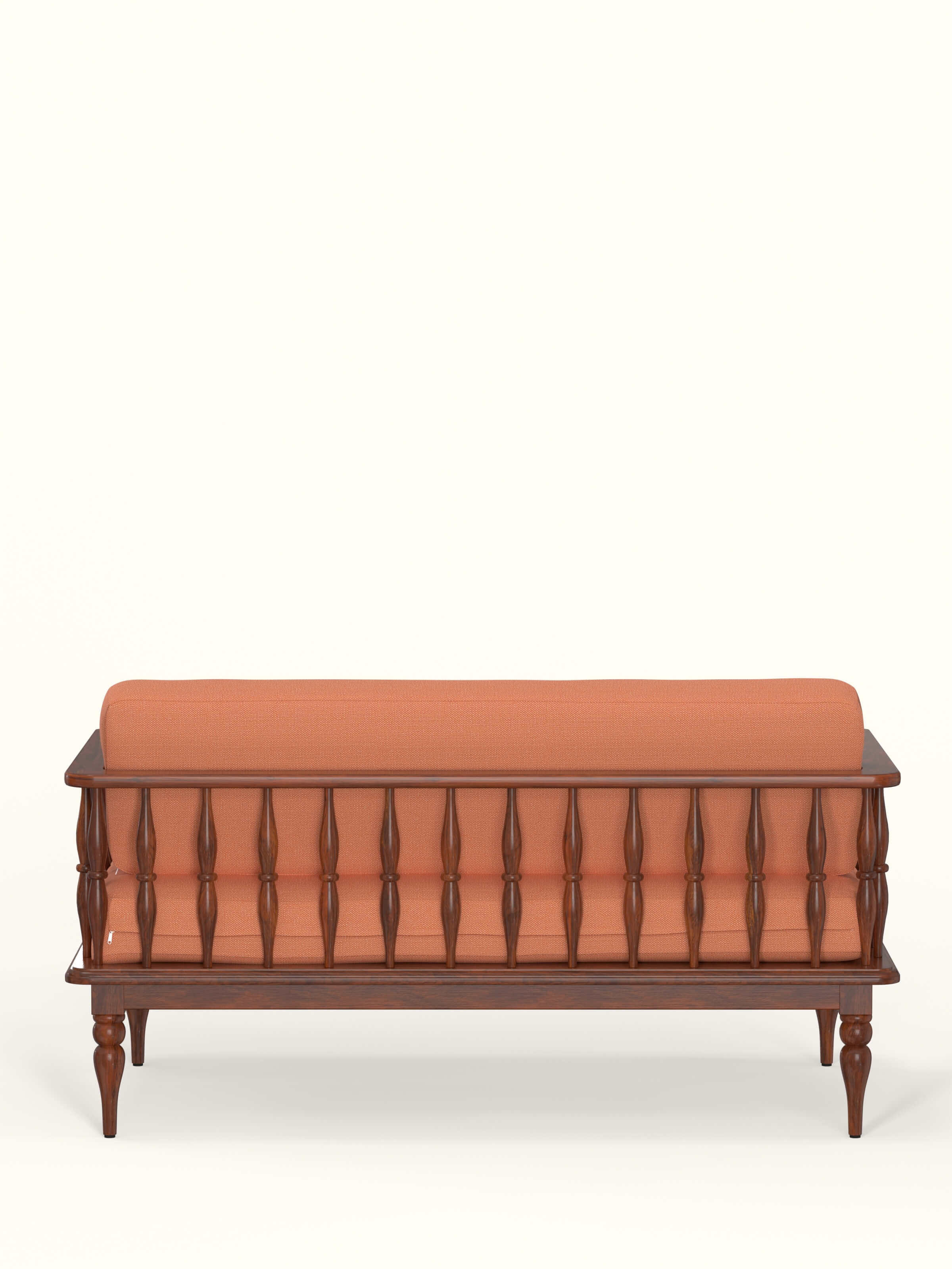 Detailed view of the armrest and upholstery of the rust dobby fabric Sheesham wood 2-seater sofa, emphasizing the comfort and style.