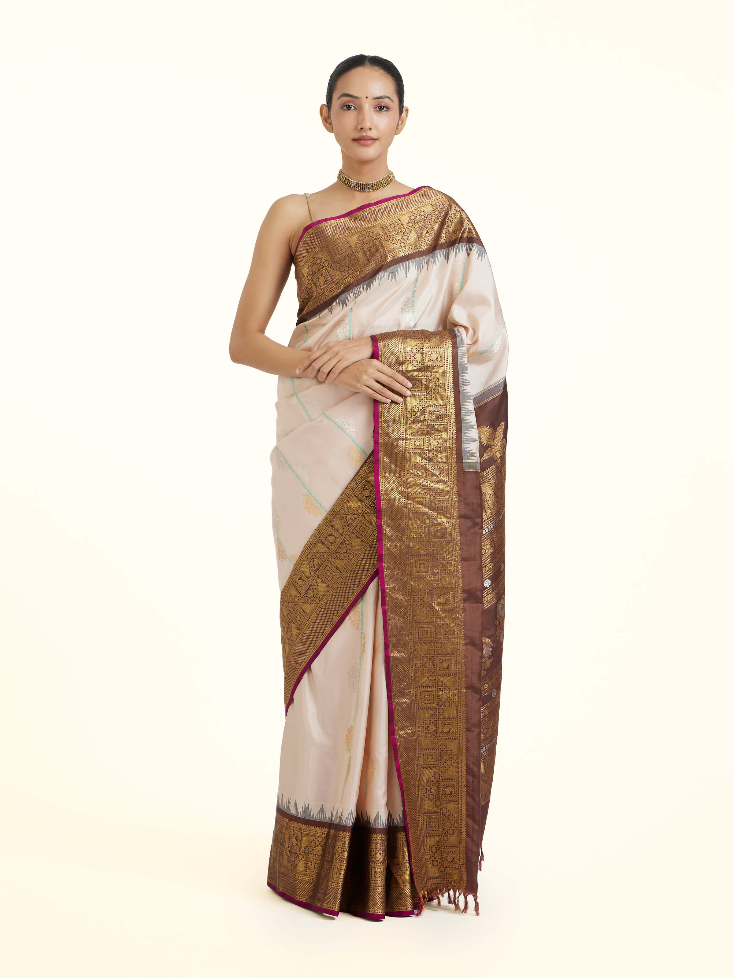 Off-White Gadwal Silk Zari Saree