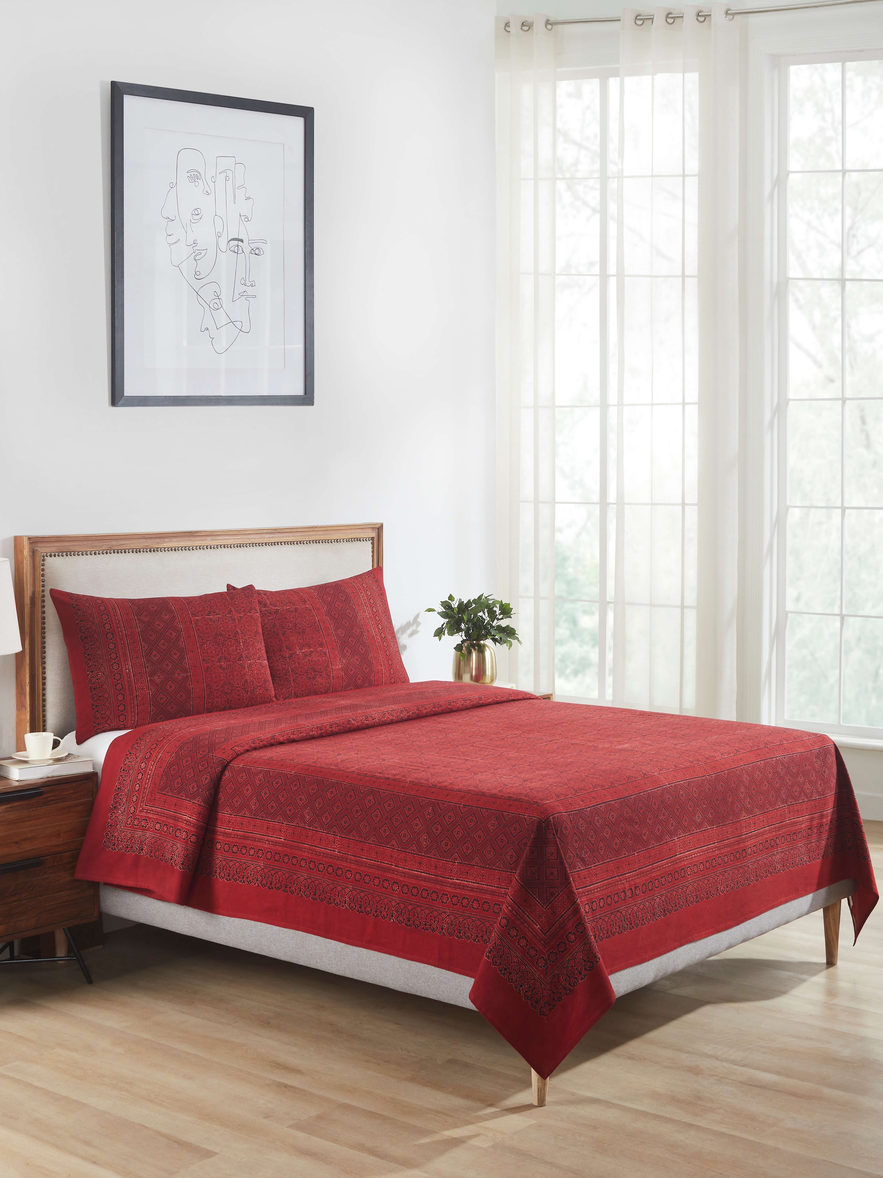 Close-up of Sindh maroon jaal cotton ajrakh block printed king bedspread set (3 pcs) highlighting the ajrakh block print details.