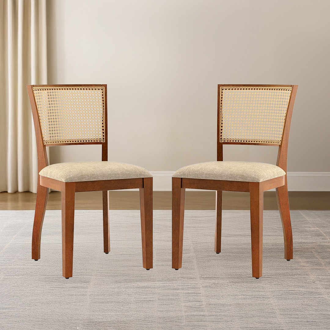 Reed Solid Wood Dining Chair Set Of 2 In Finish Amber Walnut And Colour Macadamia Brown Hopsack Weave