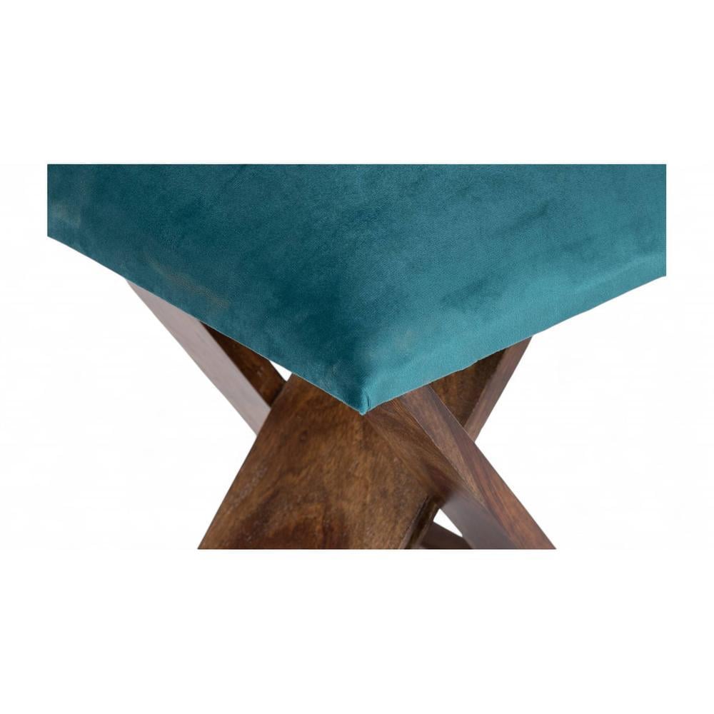 Dayton Sheesham Wood Accent Square Set of 2   Stools in Turquoise Sea Velvet Upholstery
