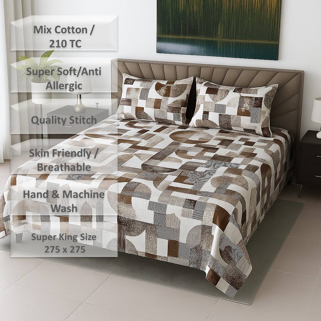 Story@Home Tevel Gold King Size Bedsheet - 300 TC White Cotton Geometric Pattern