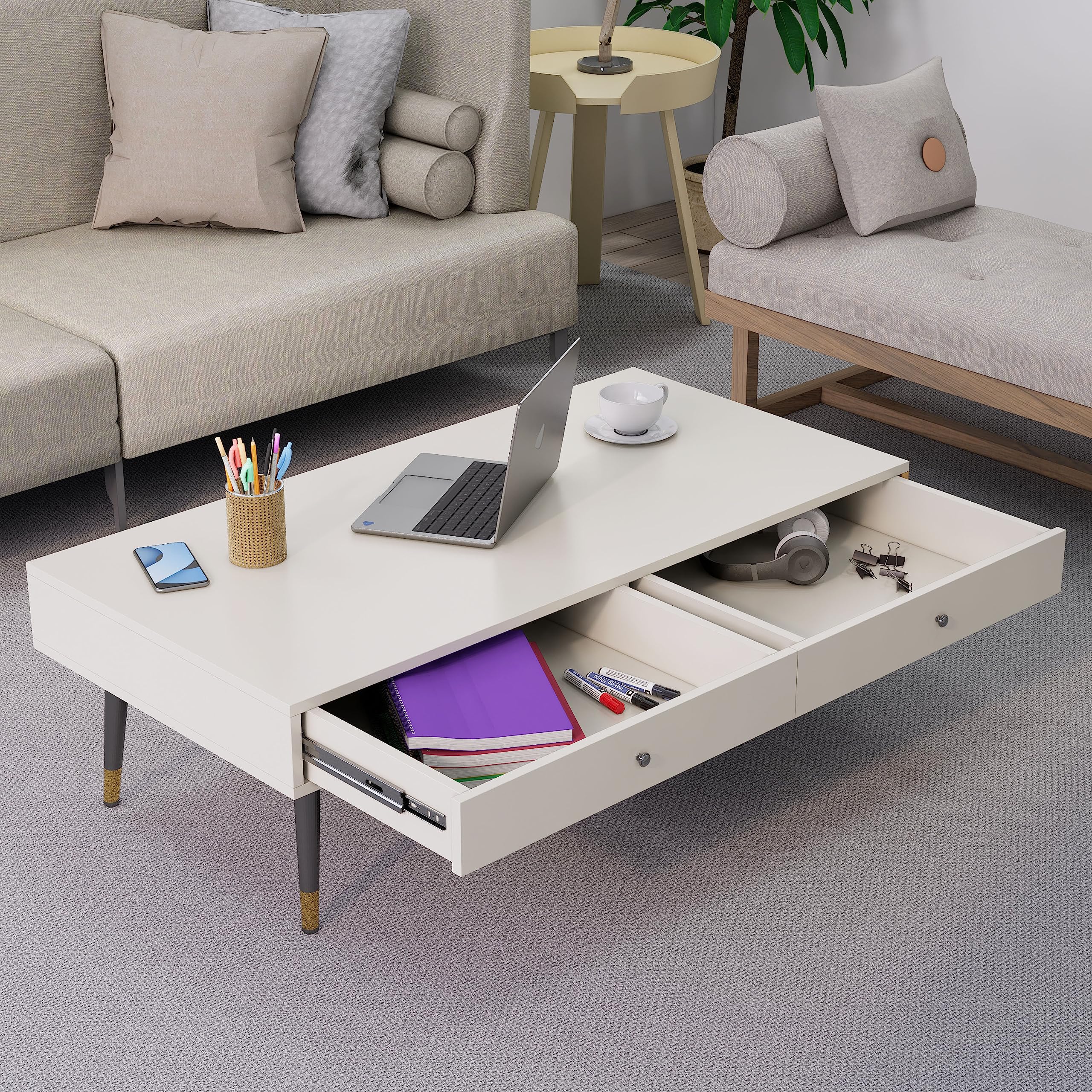 Hexa Engineered Wood Coffee Table With 2 Drawers In Frosty White - HexaRed