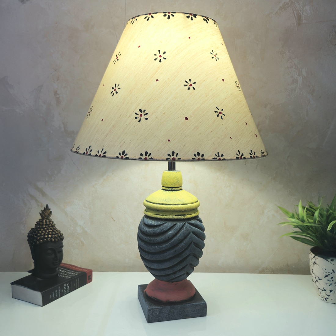 Wing Dotted Pink Stone Beige Wooden Table Lamp in Multicolor - Disoo Fashions