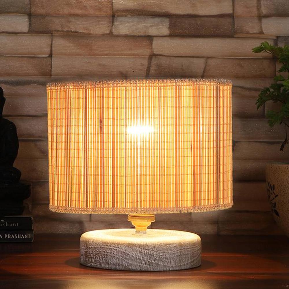 Eliana off-white cotton table lamp with White Brushed wood base - Devansh