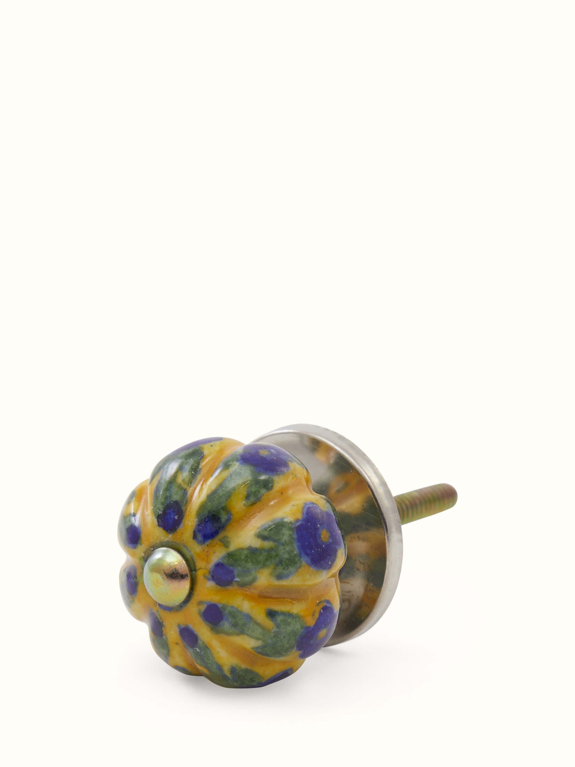 Handcrafted blue pottery door knob set showing side profile