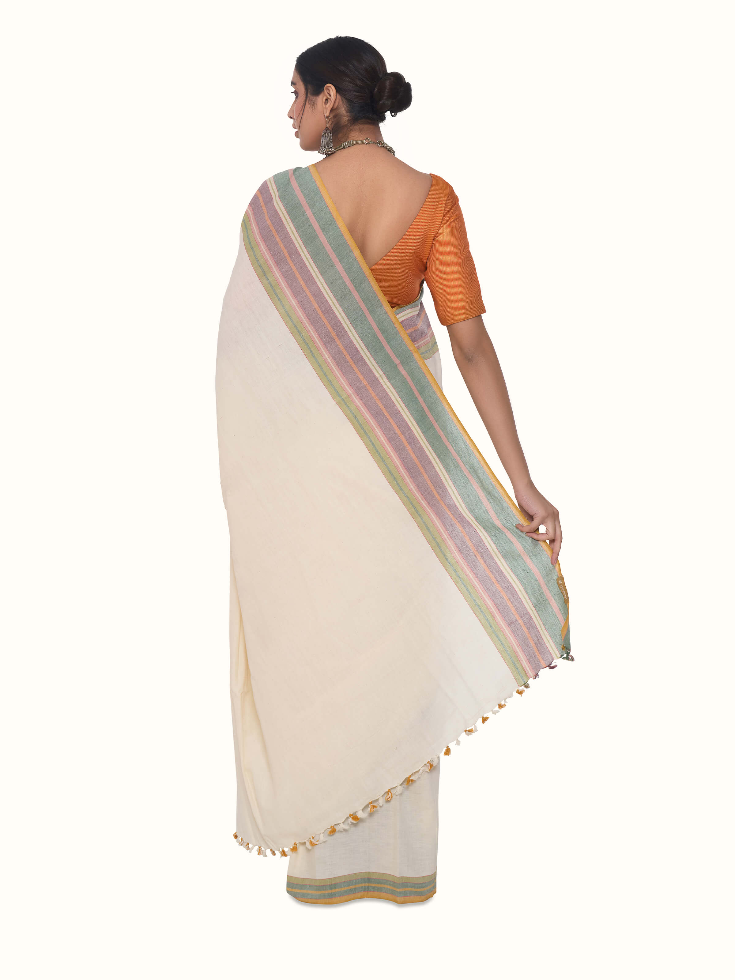 Back view of cream cotton hand-spun striped saree displaying overall design