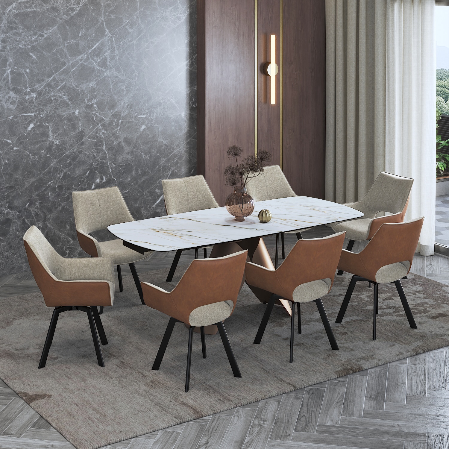Aeris Ceramic 6 to 8 Seater Extendable Dining Table With Set of 3 Casey Dining Chair