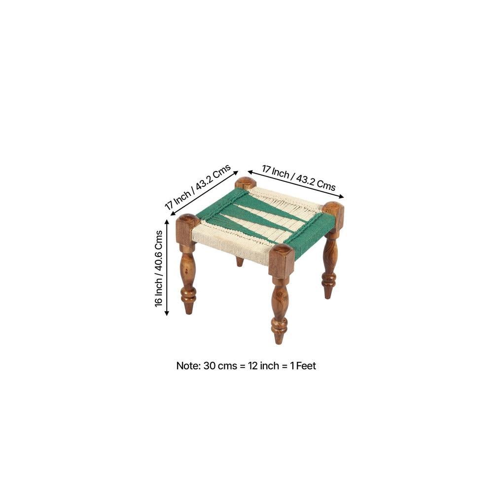 Hamilton Sheesham Wood Maachi Bench Set With 2 Stools In Green & White Rope Canning
