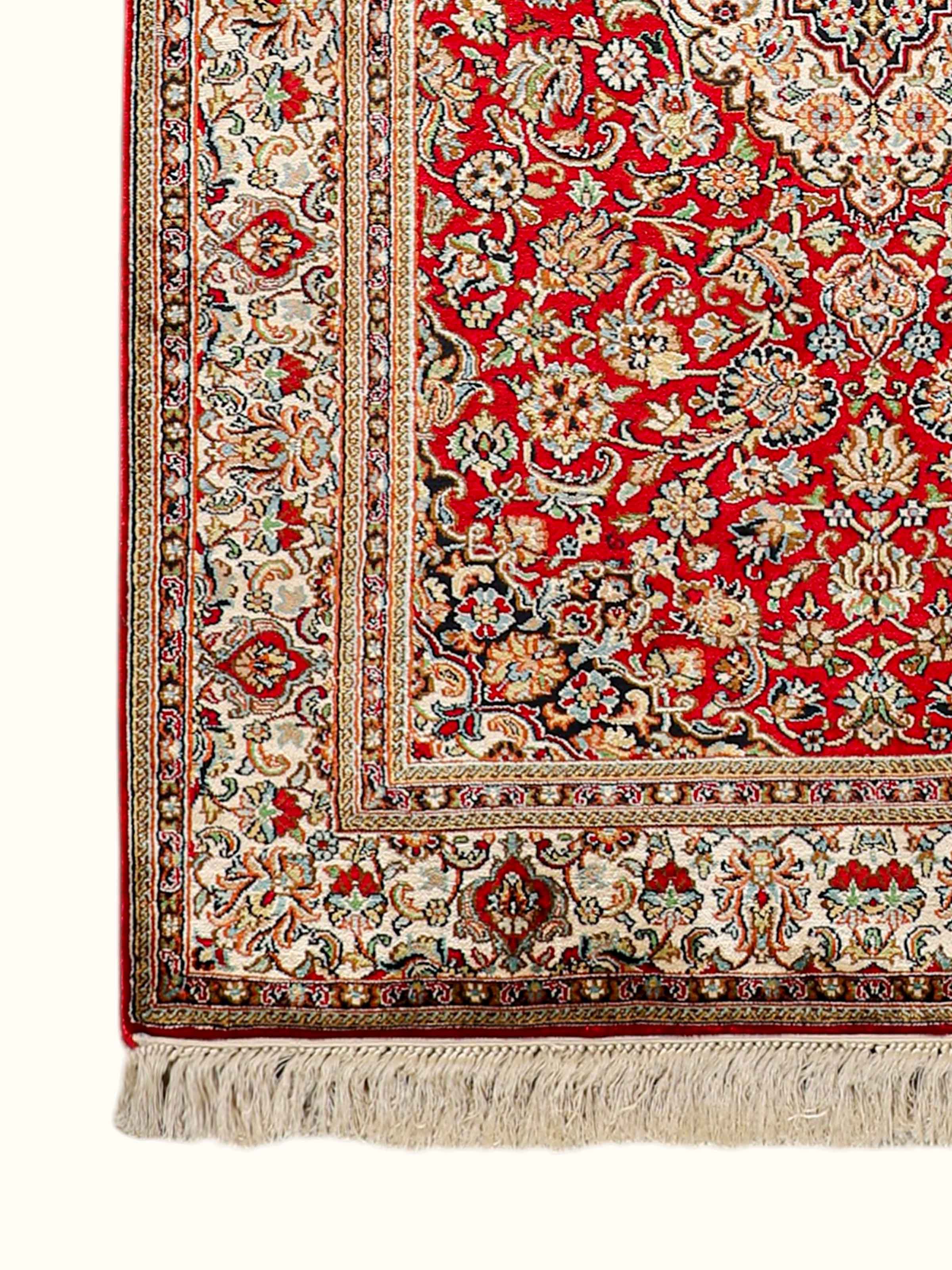 Traditional Persian Red Ivory Kashan Kashmir Silk Hand-Knotted Carpet