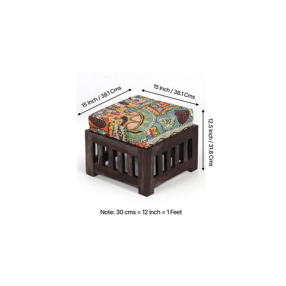Palladio Sheesham Wood Coffee Table With 4 Stools Set In Mahogany Finish & Multi Colour Israel Print Kantha Fabric Cushions