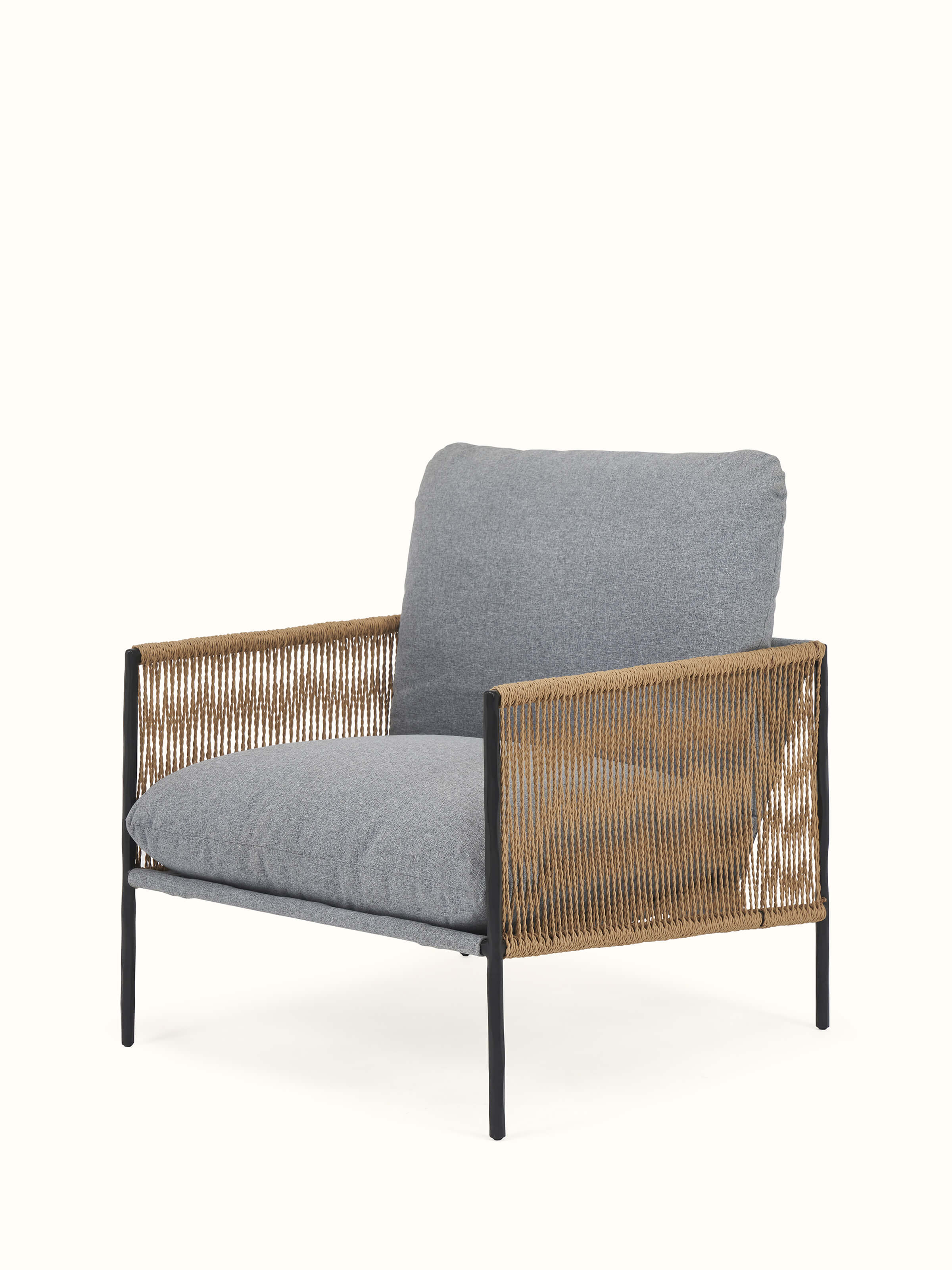 Angled view of Upholstered Metal Paper Cord Weave Armchair highlighting the texture of the cord weave and sturdy metal frame.