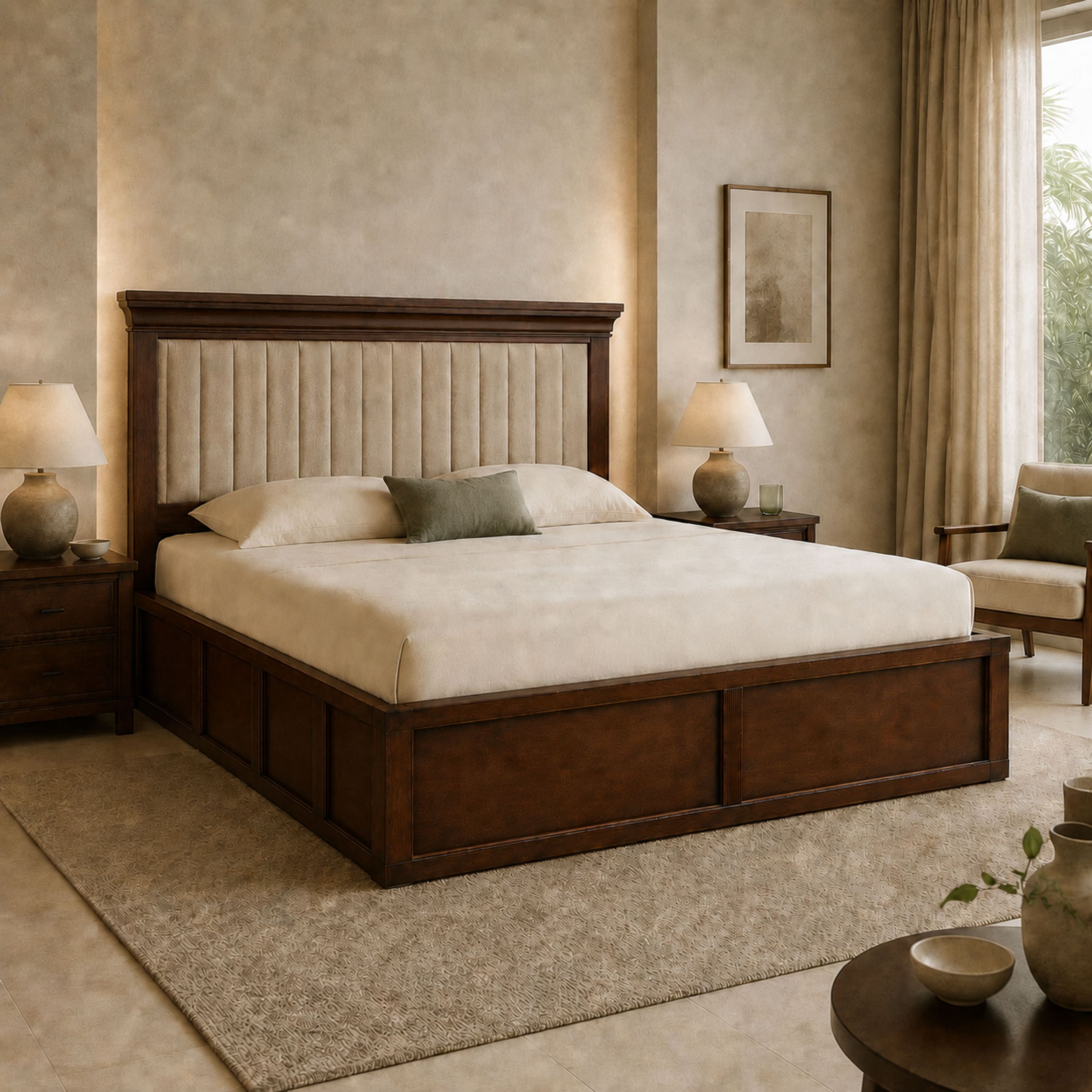 Vanya Solid Wood Compact Queen Bed Hydraulic Storage Provincial Teak Finish Mattress 60 x 72 Inches - Globally Indian