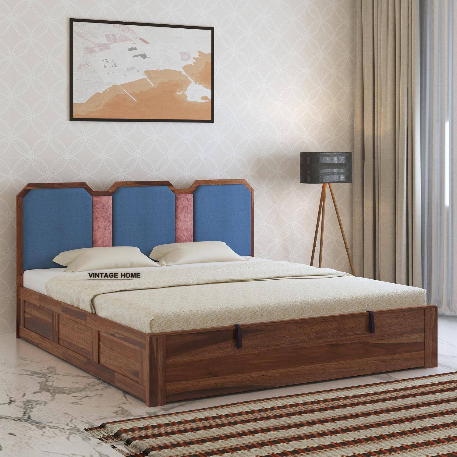 Classic Sheesham Wood King Size Bed With Hydraulic Storage in Provincial Teak Finish
