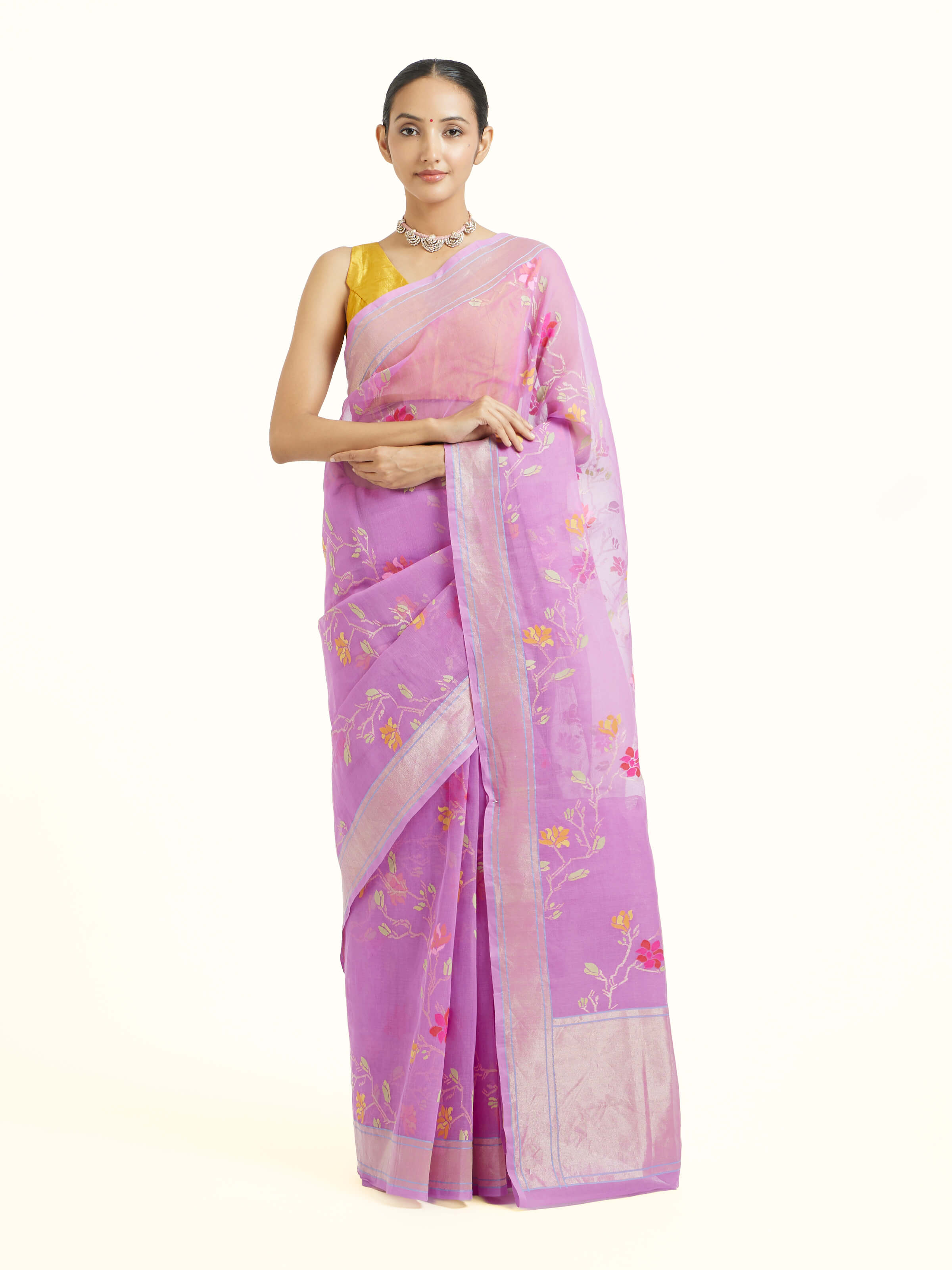 Front view of lavender cotton Awadh Jamdani Banarasi saree with delicate woven motifs