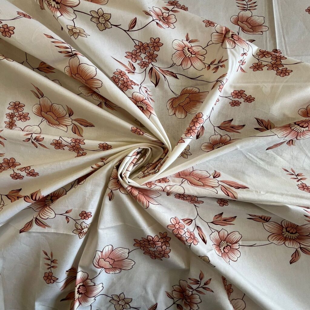 Cream Floral 400 TC Cotton Flat Queen Size Bedsheet With 2 Pillow Covers  Threads