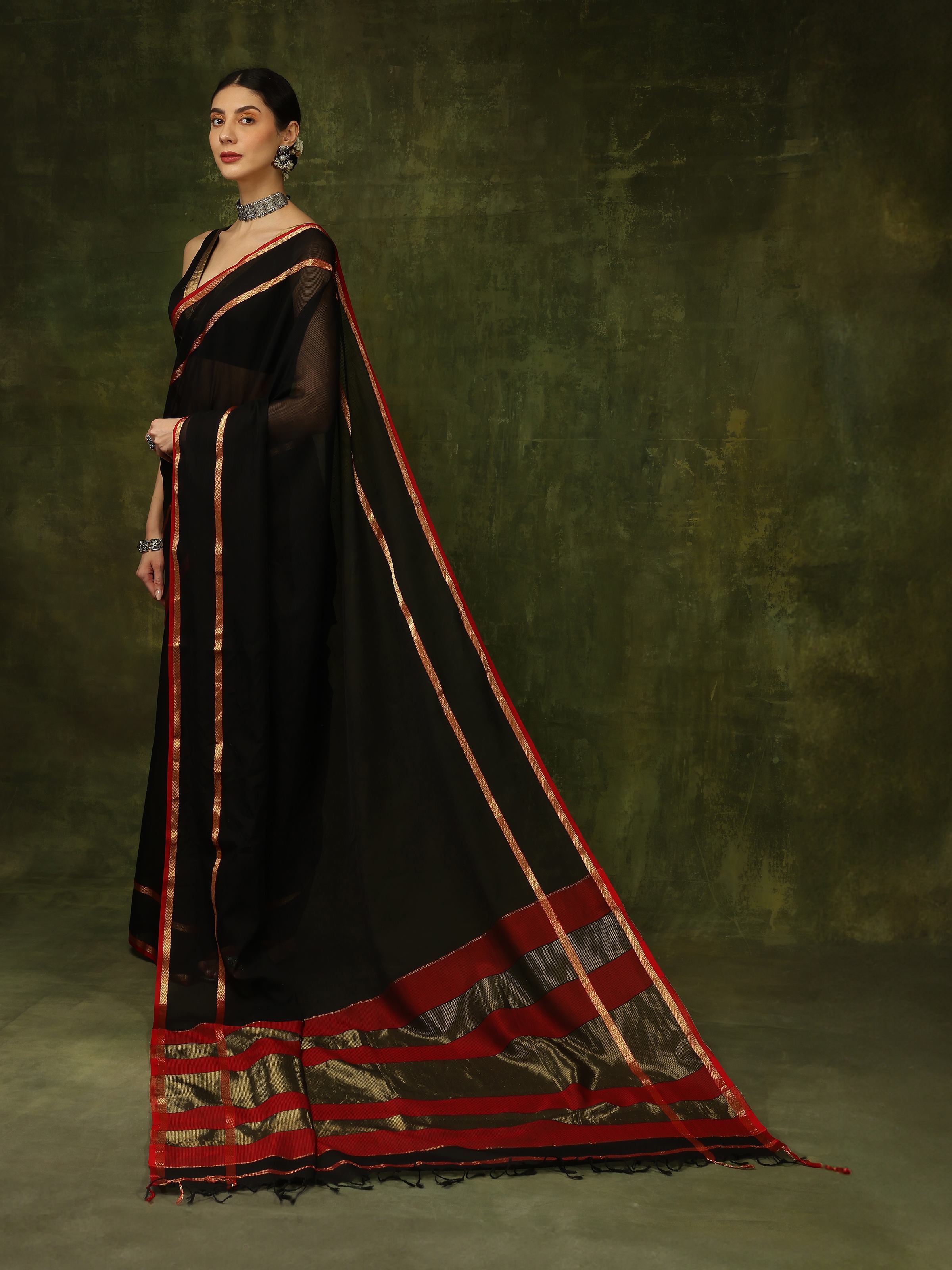 Side view of black cotton silk Maheshwari saree with elegant drape