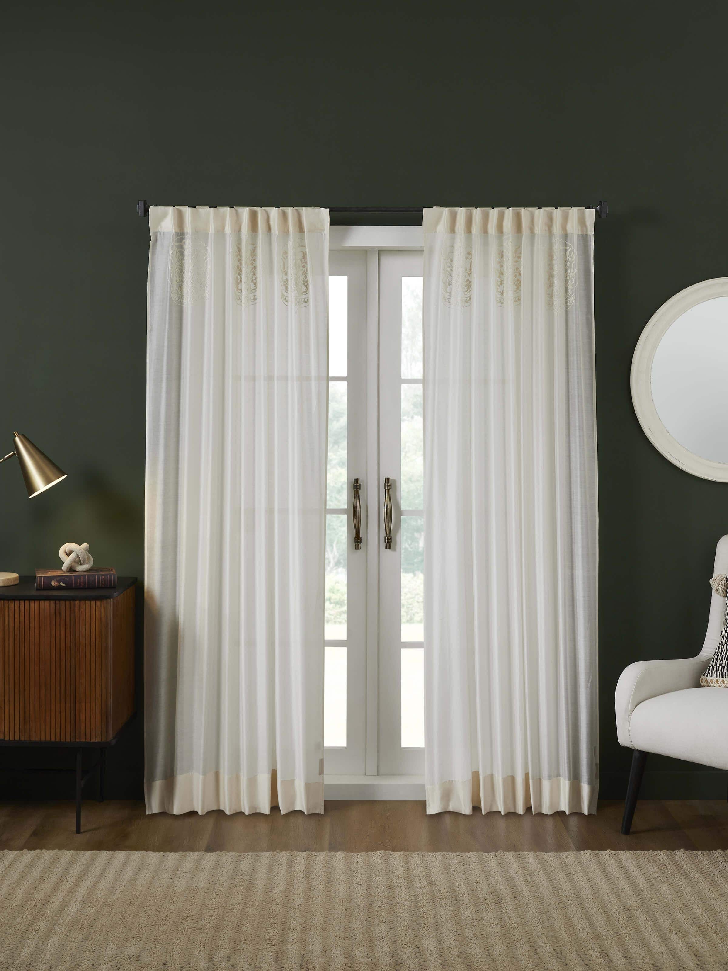 Razza Ivory Buta Cotton Silk Kashmir Chain Stitch Hand Embroidery Sheer Curtain (7 Ft)