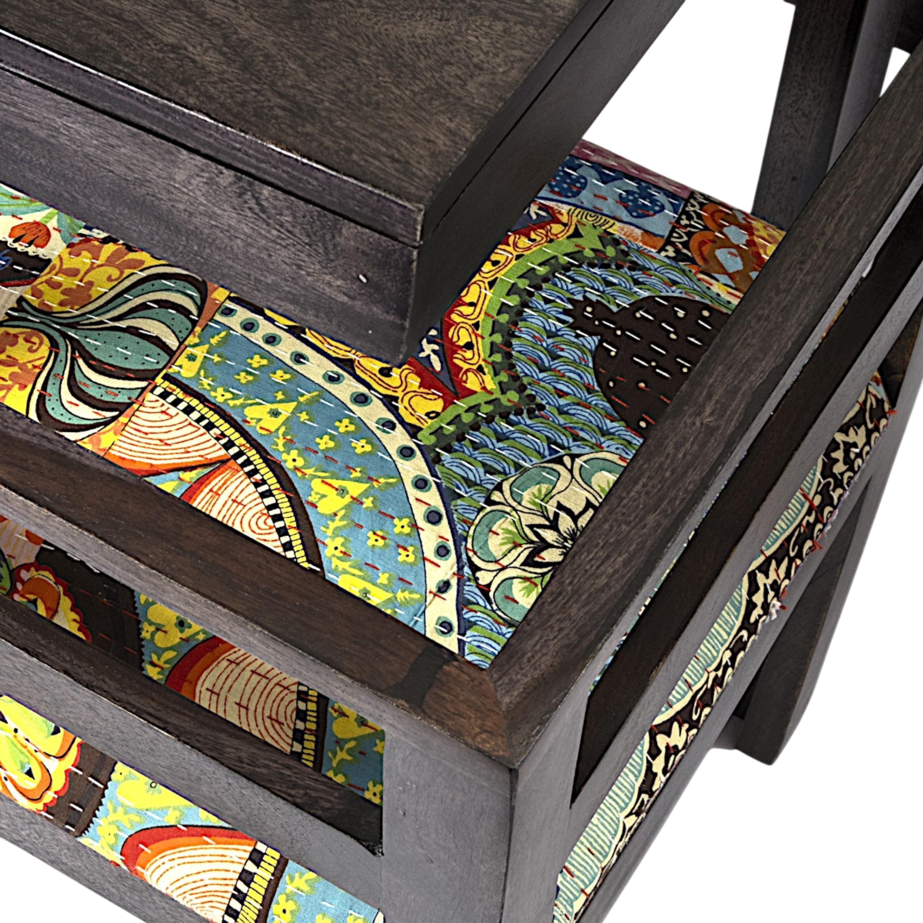 Kingston Sheesham Wood 4 Seater Dining Table Set in Mahogany Finish & Multi Colour Israel Print Kantha fabric Upholstery