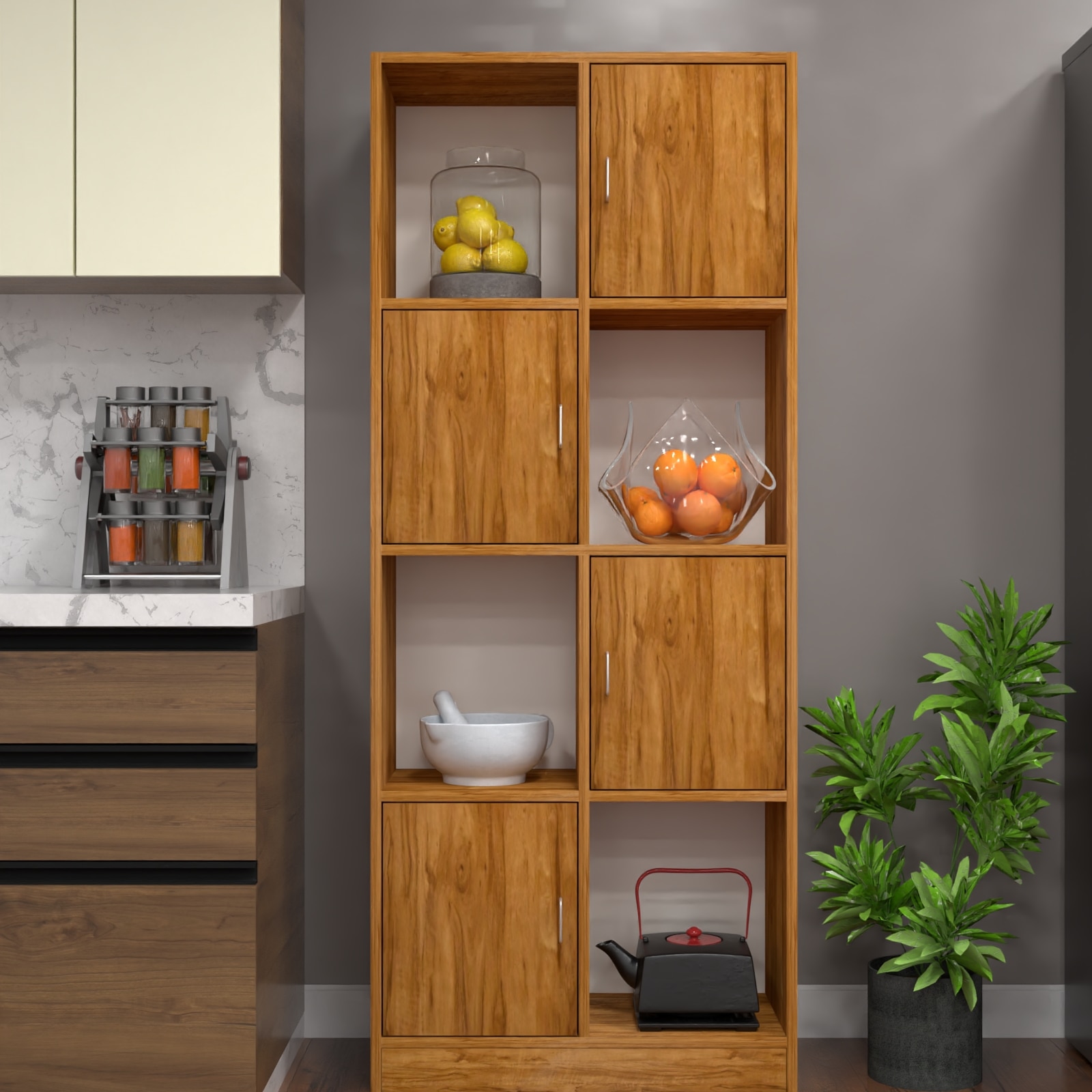 8 Shelves Semi Open Multipurpose Matrix Kitchen Cabinet In Plateau Apple Finish - Speciality Panels