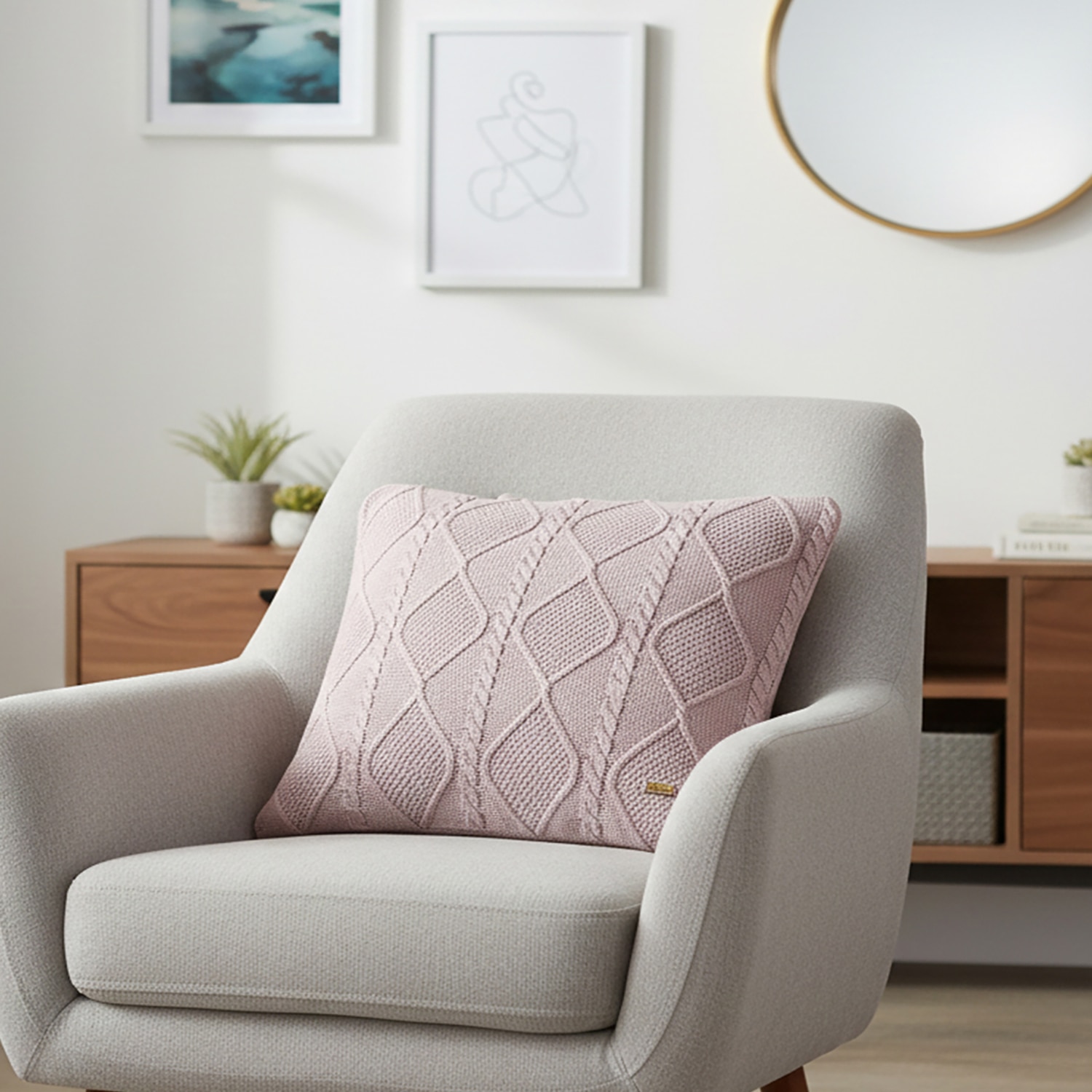 Cable Moss Dull Rose Knitted Cushion Cover  16X16 Inches - Pluchi