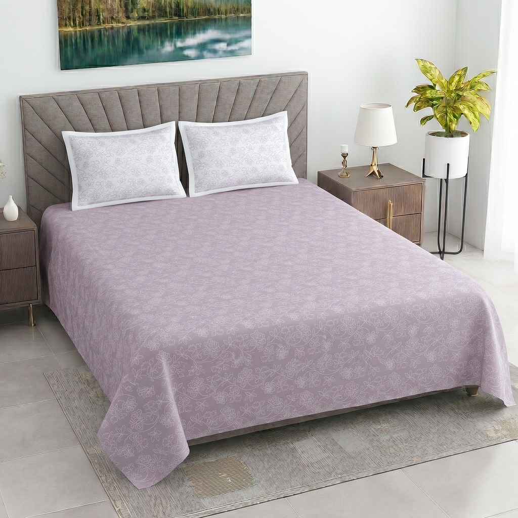 Lavender And White  Floral Cotton 400 Tcflat  Super King Size Bedsheet With 2 Pillow Covers - Threads