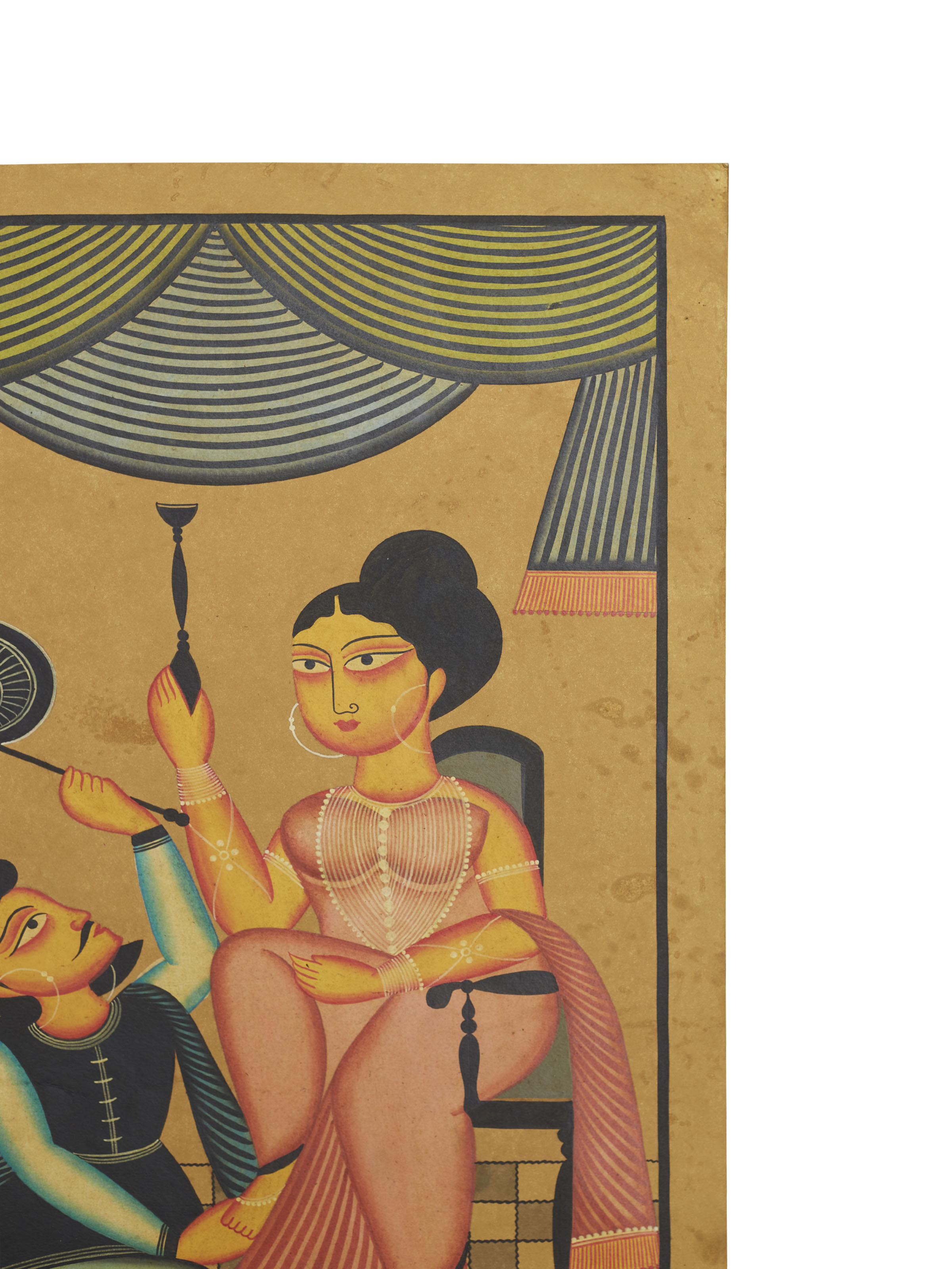 Close-up detail view of Babu Bibi Kalighat folk art painting texture