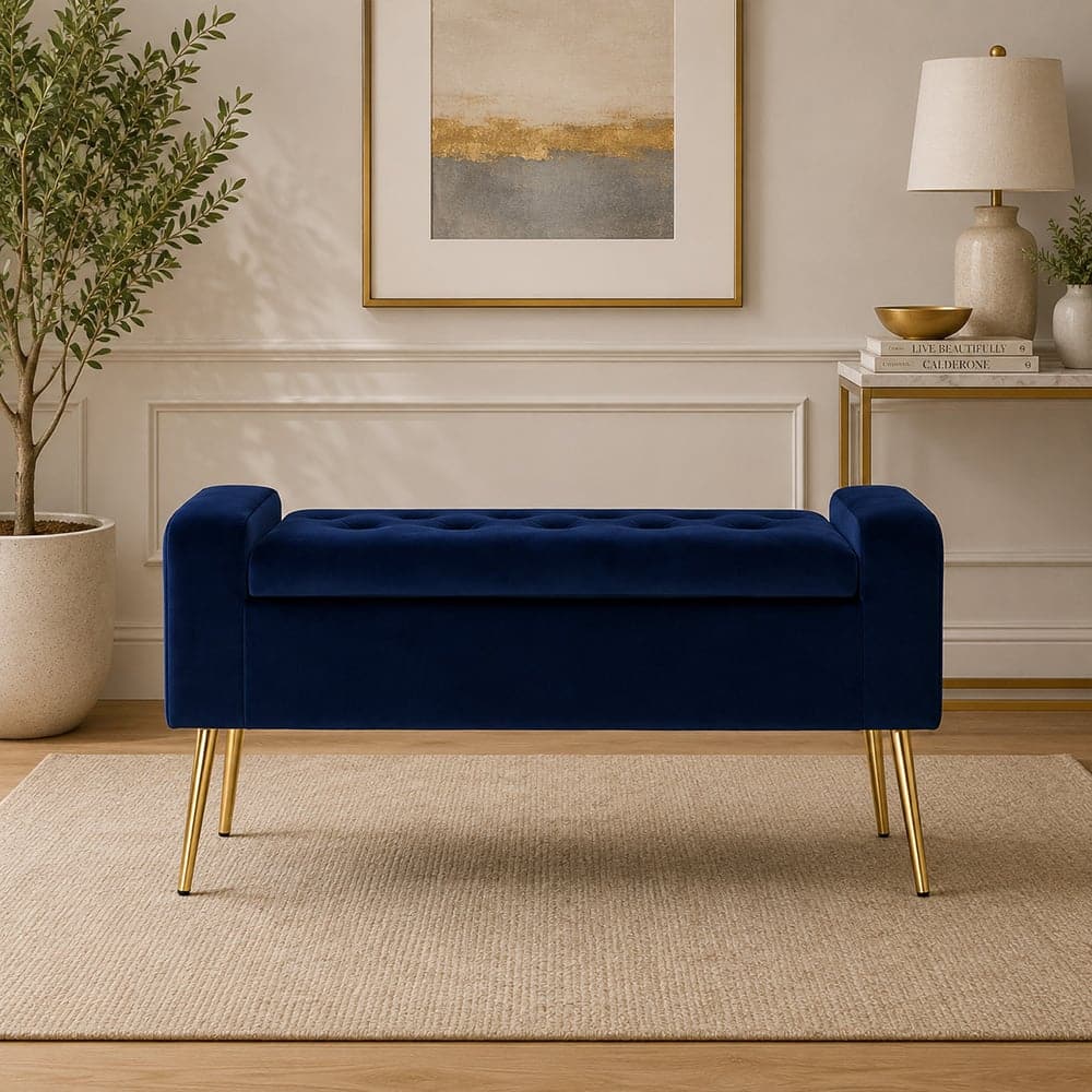 Doe Buck Upholstered Storage Bench in Blue Colour with Gold Legs - Doe Buck