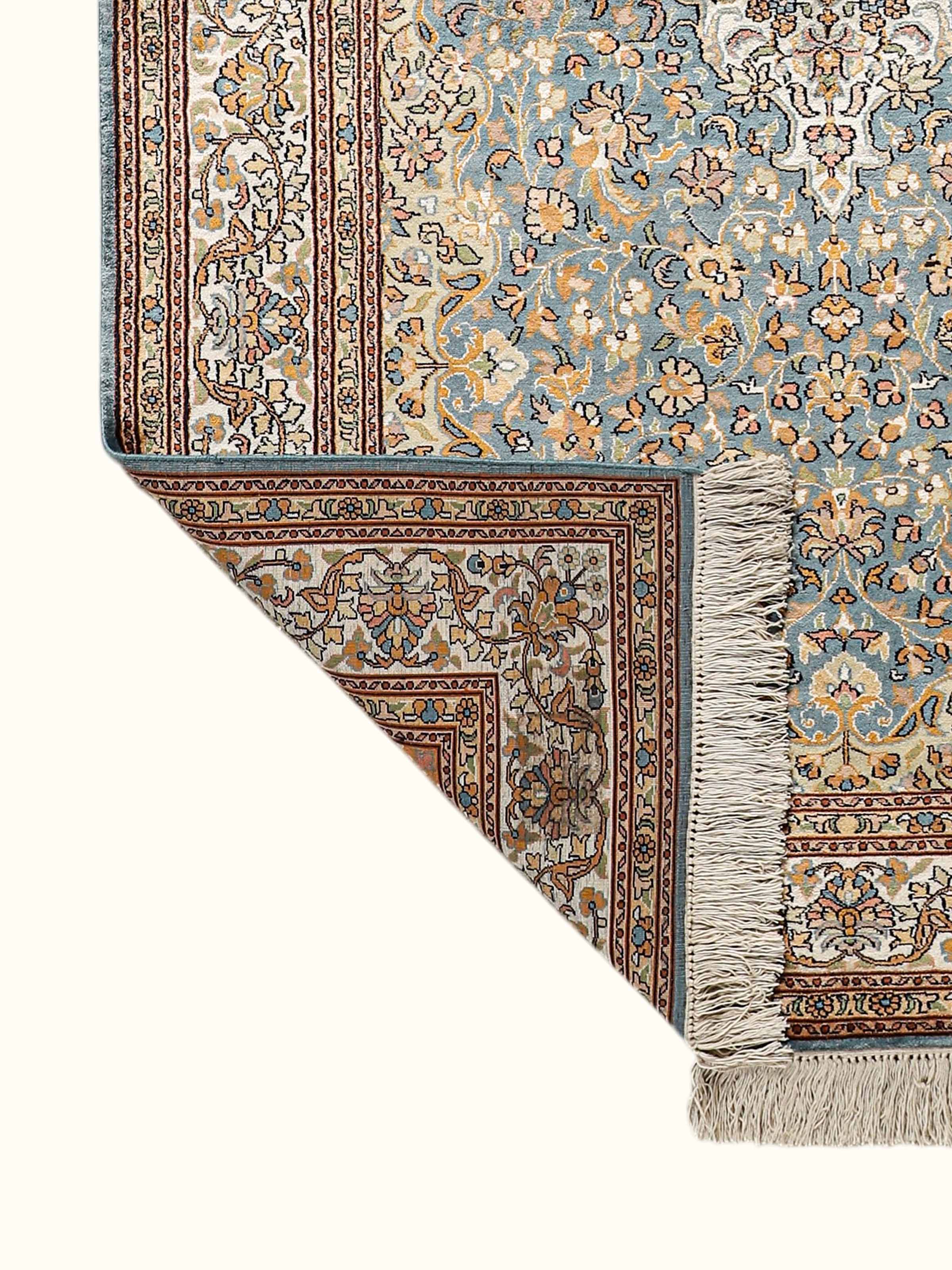 Traditional Persian Blue Tabriz Kashmir Silk Hand-Knotted Carpet